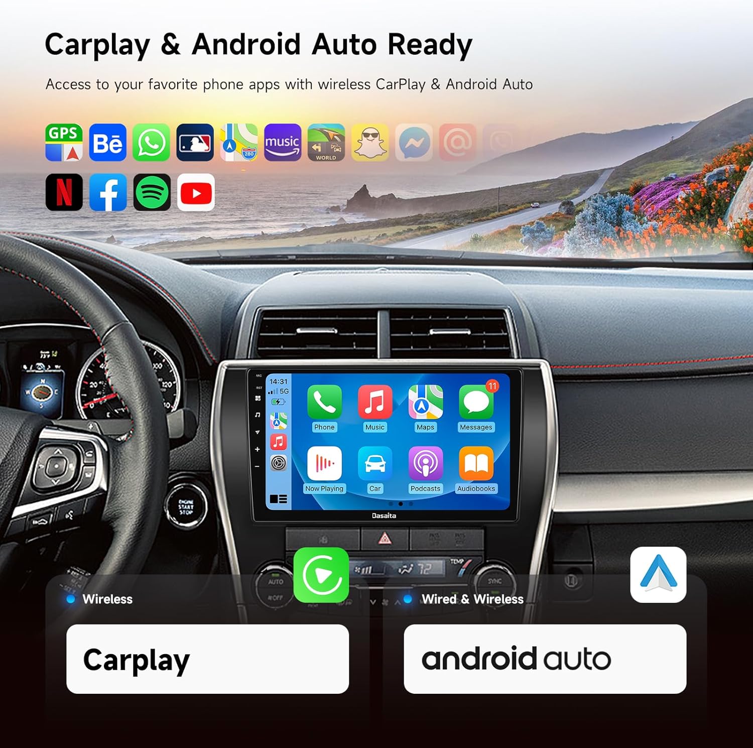 Dasaita Android 13 Car Stereo for Toyota Camry 2015 2016 2017 with Wireless Carplay/Android Auto, 10.2" Touch Screen Radio, GPS, 6G RAM 64G ROM Head Unit, Bluetooth 5.0, 5G WiFi, 4G LTE, Gyro, DTS