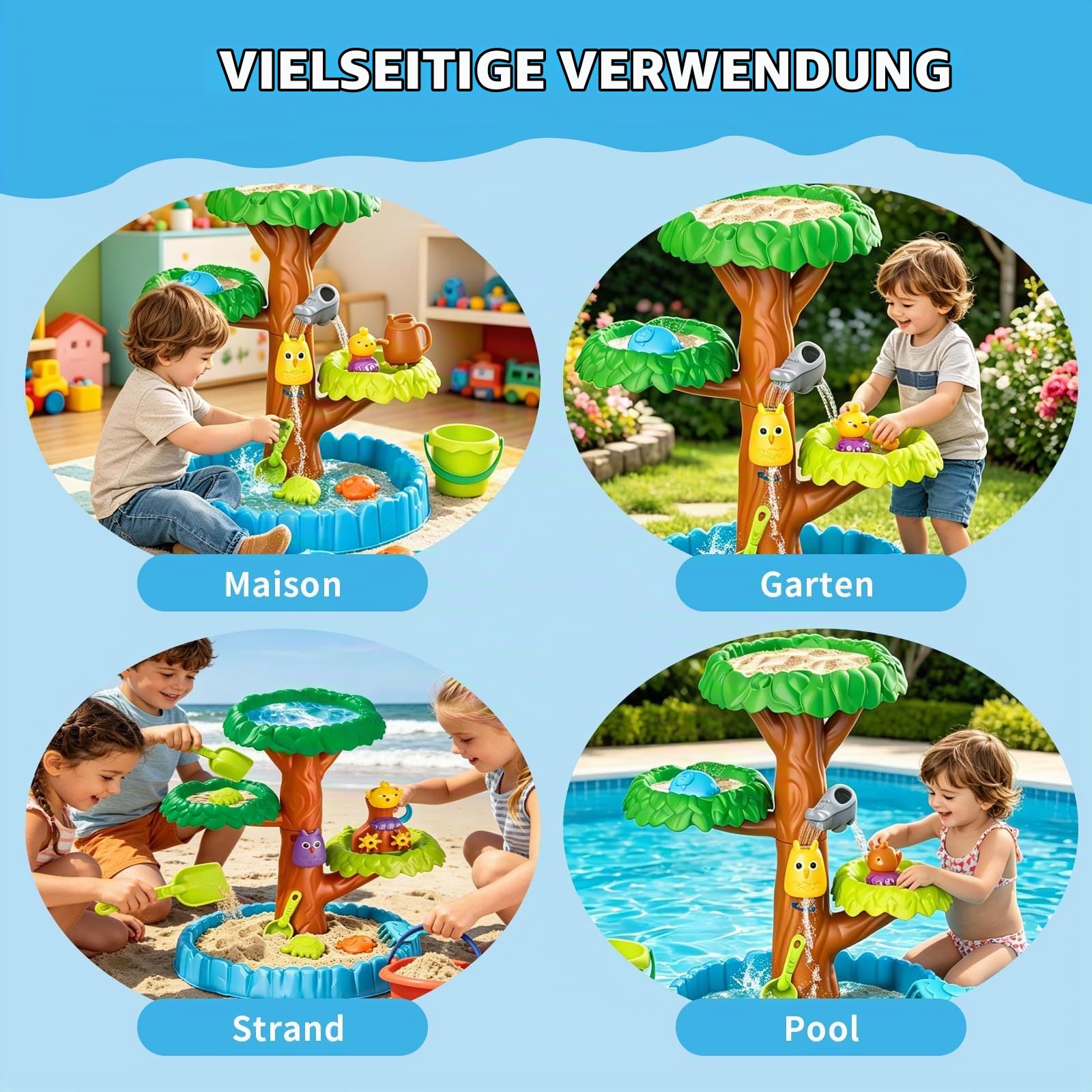 Sand- und Wasserspieltisch, Wasserspielzeug Kinder Outdoor, 4-Ebenen Baumförmiger, Spieltisch ab 3 Jahre, Wassertisch Kinder Outdoor, Geschenk 3–8 Junge Mädchen