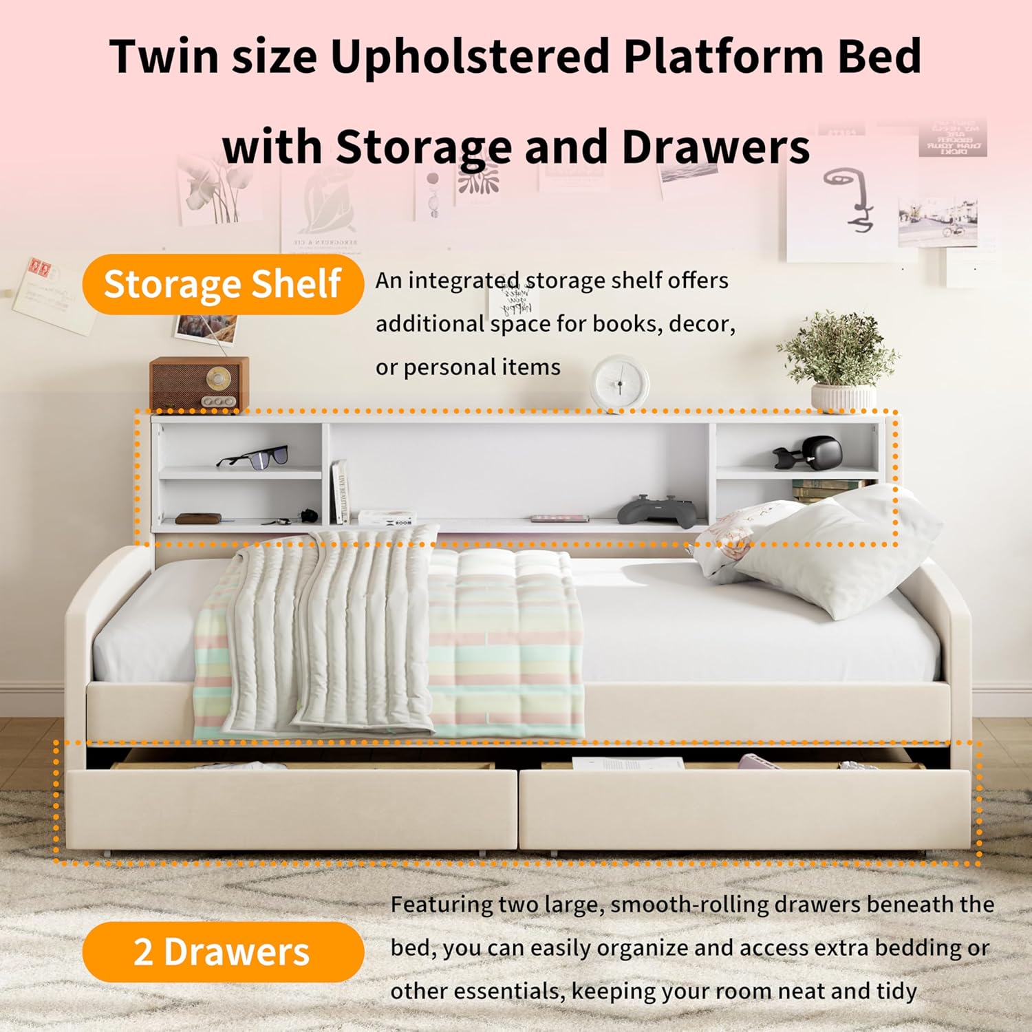 Polibi Twin Size Velvet Upholstered Platform Bed with 2 Drawers,L-Shaped Daybed with Storage Shelf,Beige