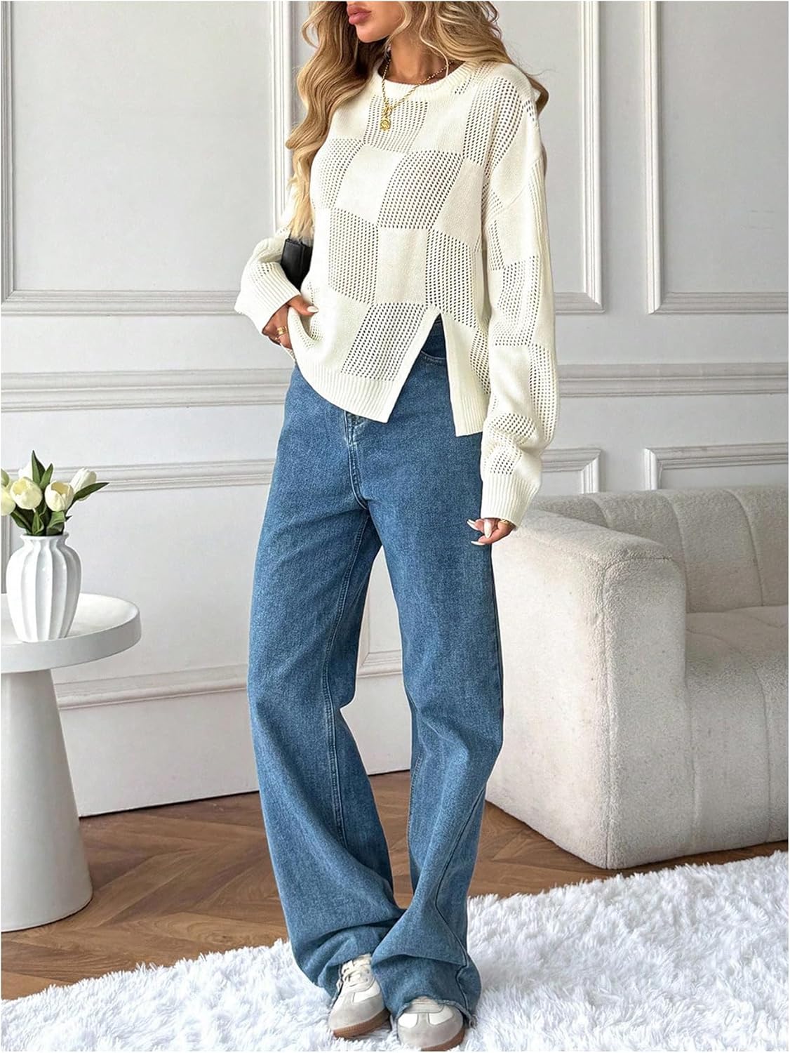 SweatyRocks Women's Hollow Out Crew Neck Loose Sweaters Casual Long Sleeve Split Concert Pullover Tops - Image 6