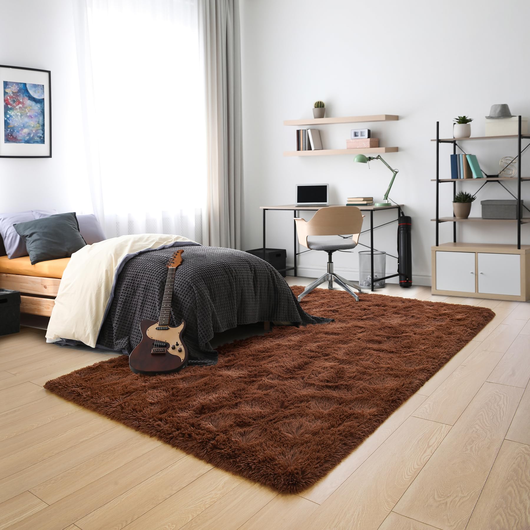 Noahas Fluffy Rugs for Bedroom,4x6 Brown Fluffy Bedroom Rug,Thick Fuzzy