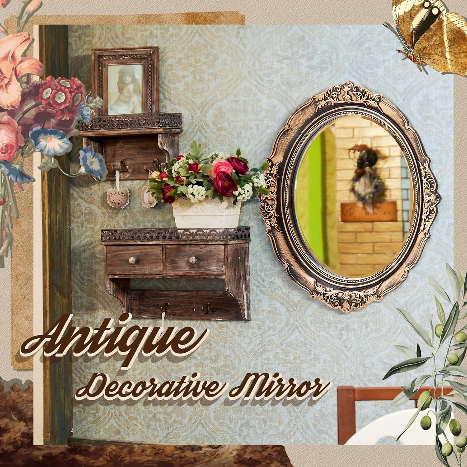 4 Pcs Vintage Gold Mirrors Set Including Small Oval Wall Mirror Antique Shield Shape Square Decorative Mirror Dresser Mirrored Tray for Bedroom Wedding Victorian Decor (Vintage,Bronze Gold)