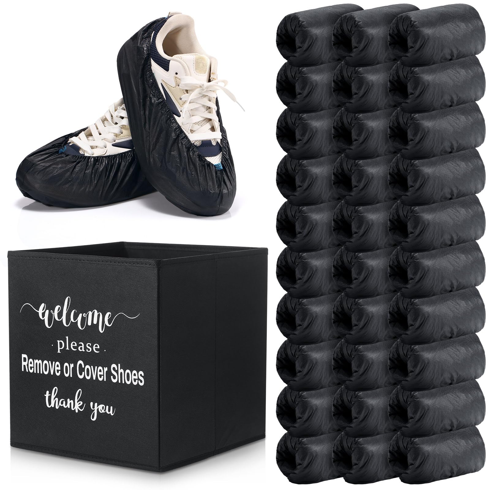 Unittype 300 Pcs Black Disposable Waterproof Shoe Covers with 1 Pcs Indoor Foldable Storage Box Welcome Please Remove or Cover Shoes Sign for House,