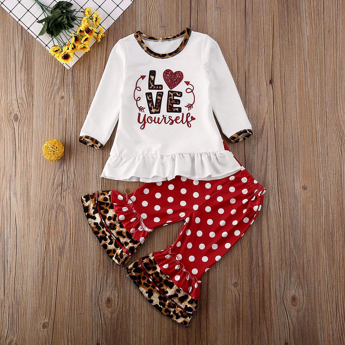 Hnyenmcko Toddler Baby Girls Leopard Outfit Long Sleeve Ruffle Flare Tunic Tops Leopard Leggings 2Pcs Girls Clothing Set (White, 6-12 Months)