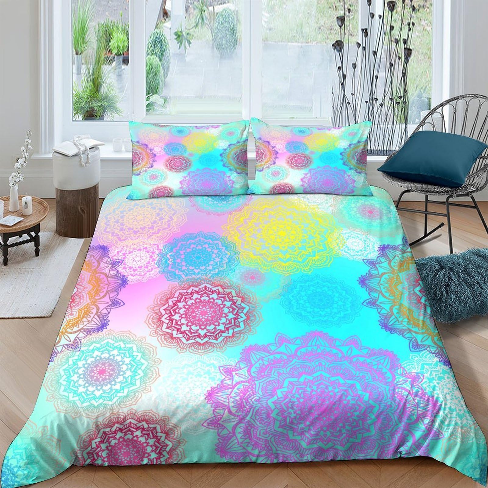 Ctjqhvkz Style-10 3D Printed Pastel Mandala Fitted Sheet Microfiber Soft Gradient Dreamcatcher Bed Cover For Bedroom Dorm Decor Single（135X200cm）