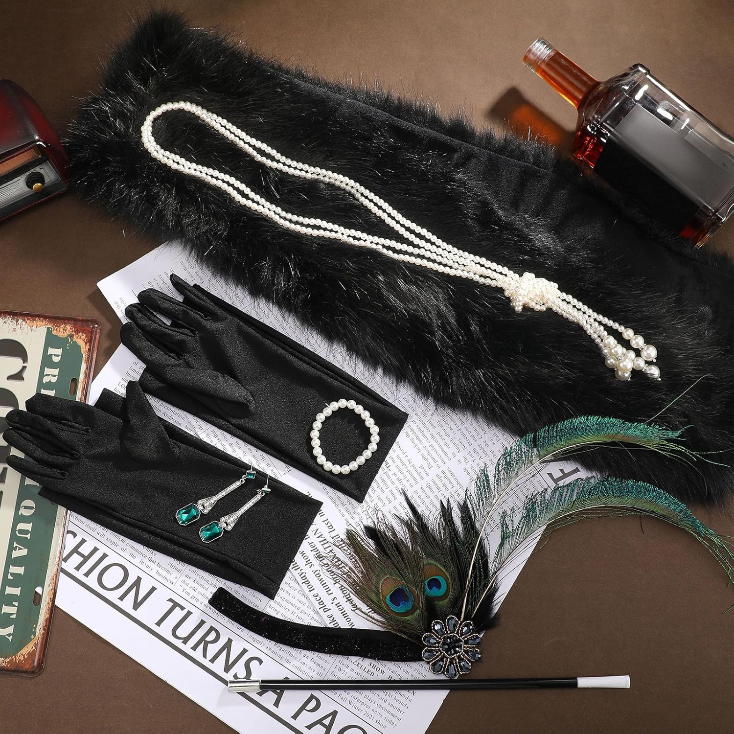 20s Flapper Accessories for Women 1920s Costume Accessories Set Halloween Fur Faux Scarf Headpiece Necklace Earrings Gloves(Modern) Multicolored - Image 6