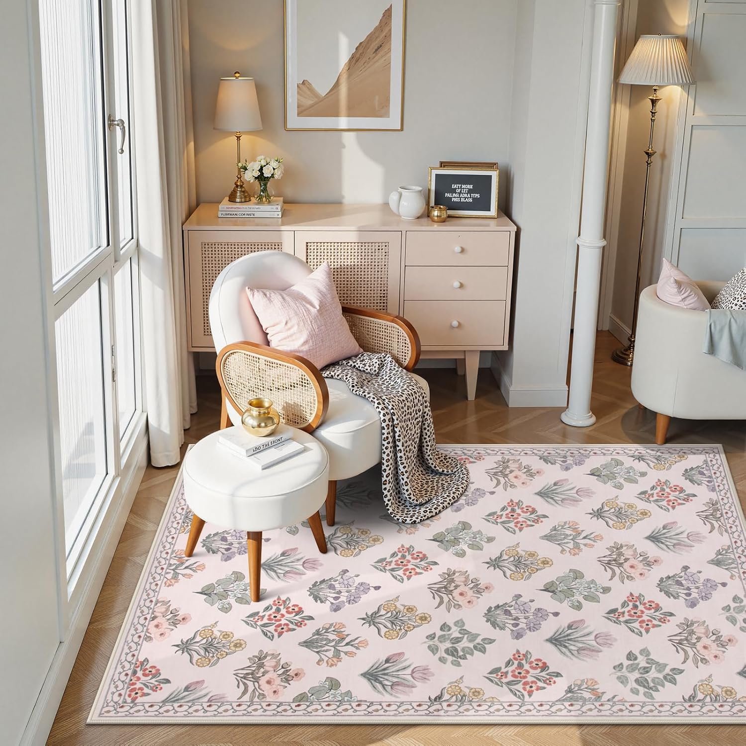 Wonnitar Pink Rugs for Bedroom Girls Nursery, Floral Print 5x7 Washable Rug, Boho Ultra-Thin Non Slip Soft Cozy Carpet for Room Decor Kids Playroom Office Living Room, Pale Pink