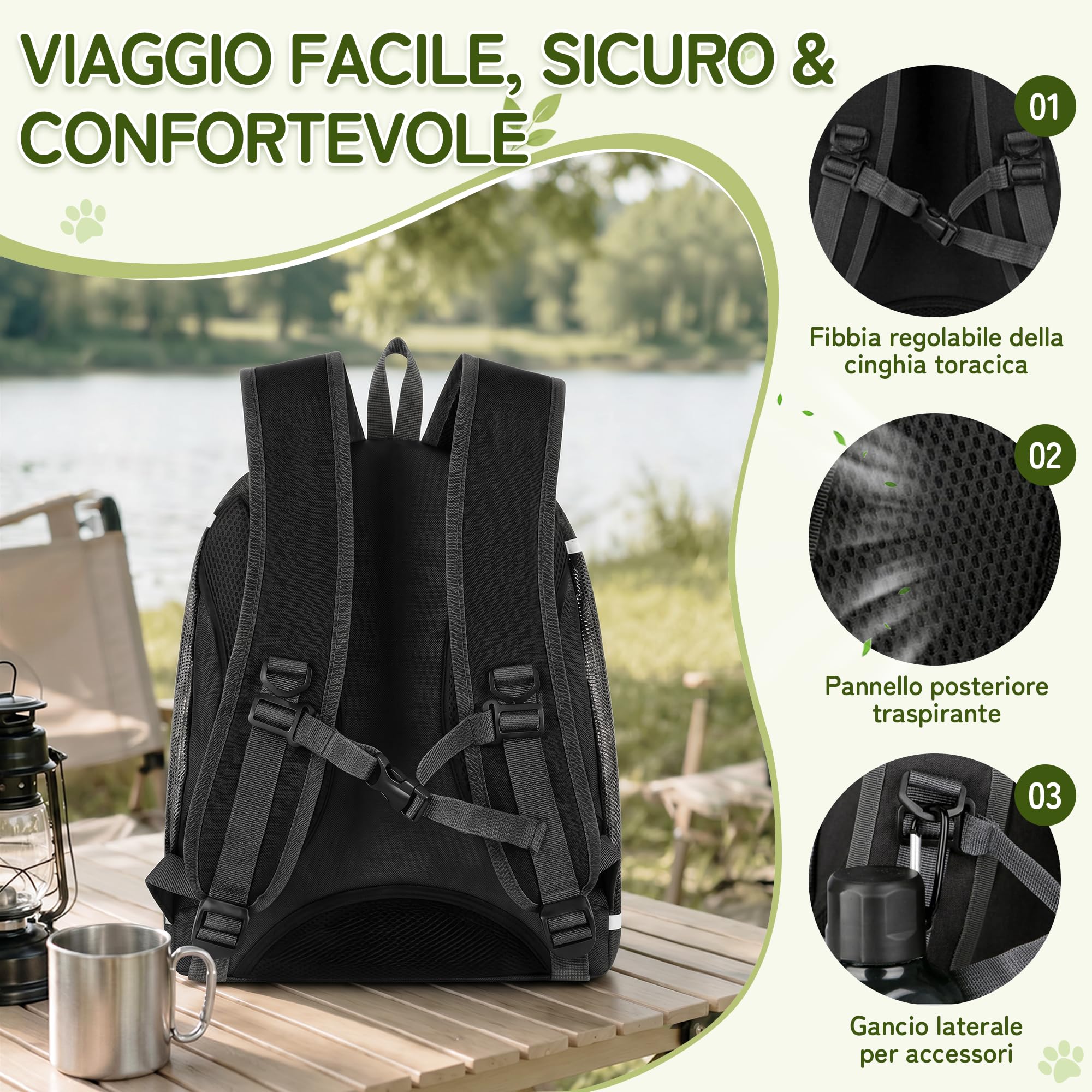ALLSOPETS Zaino Cani Zaini Porta Cani Gatti Zaino Trasporto Cani e Cuccioli Marsupio Animali Domestici Zaino Gatto con Guinzaglio di Sicurezza per Viaggo Campeggio Escursioni (Nero Carbone)