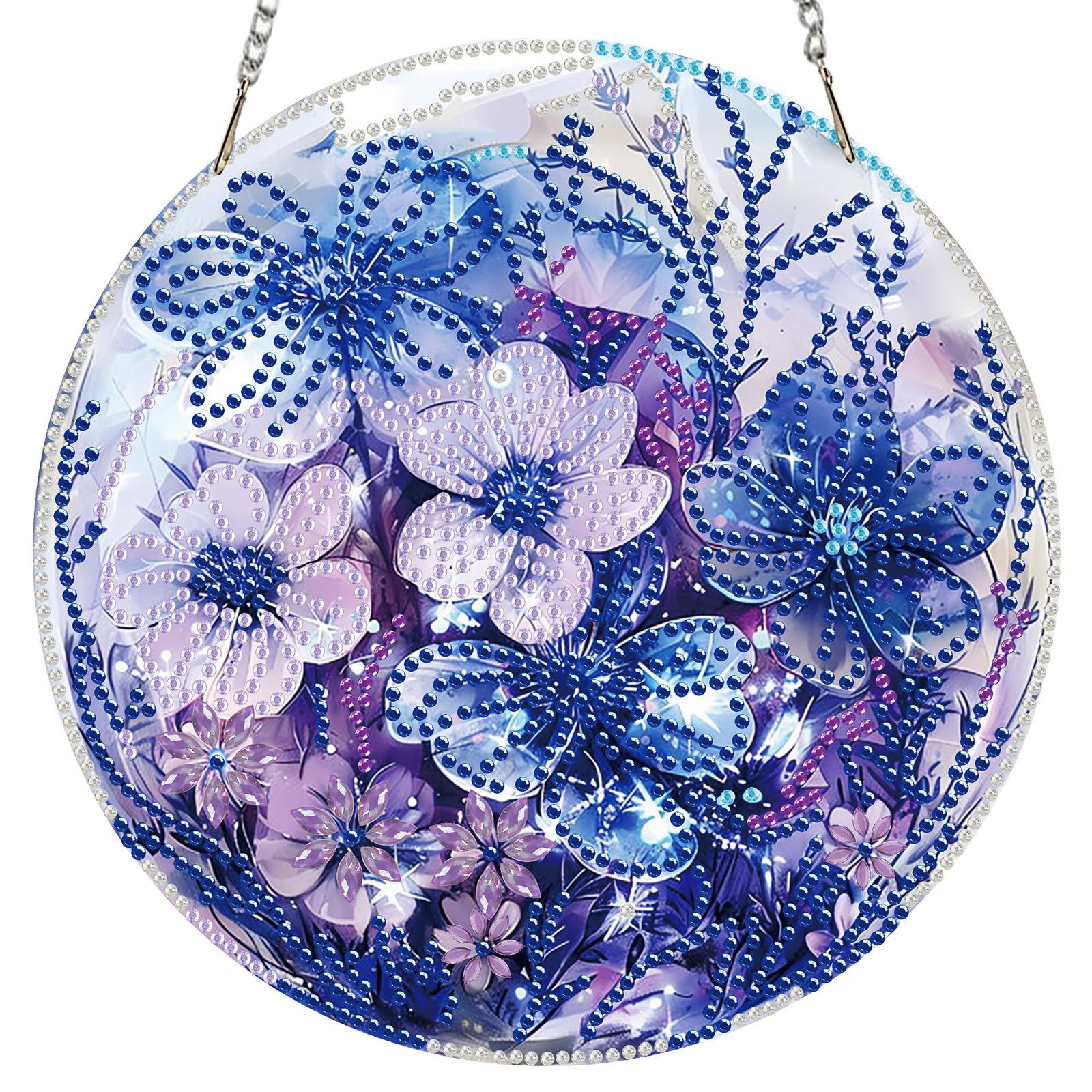 MISCER Purple Flower Hanging Diamond Art Painting Kits for Adults Double Sided, Flowers DIY 5D Diamond Painting PendantP, Crystal Diamond Gem Art Painting for Window Garden Home Wall Decor
