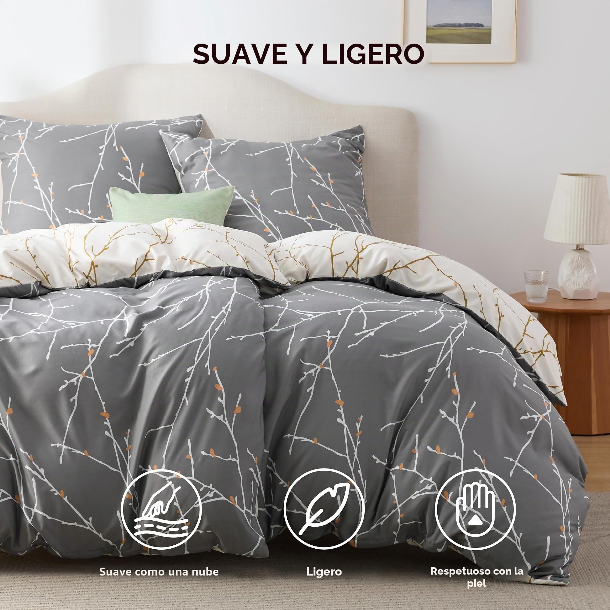 BEDSURE Ropa de cama de 135 x 200 cm, 4 piezas, funda nórdica de 135 x 200 cm, juego de 2 unidades con 2 fundas de almohada de 80 x 80 cm, certificado Öko-Tex reversible, diseño de ramas, color gris