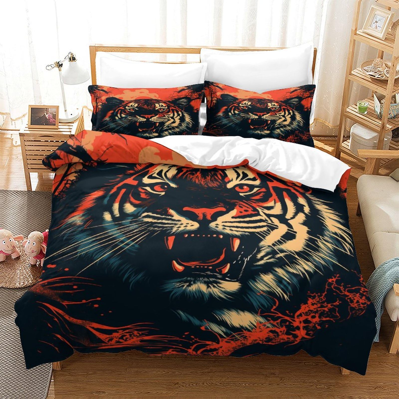 Housse de couette tigre 3D en microfibre 260x220 cm avec ses 2 taies d'oreiller pour lit Super King