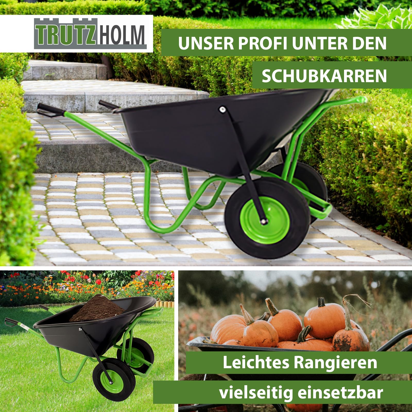 TRUTZHOLM 2-Rad Schubkarre 160 L 220 kg Gartenschubkarre Schiebkarre Hofkarre Vollgummireifen Metallfelge grün