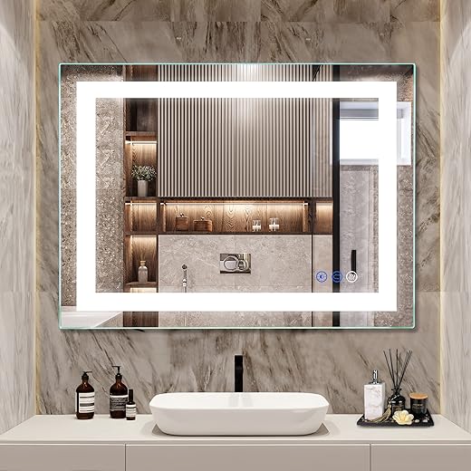 Bathroom Mirror with Lights 32x24 Inch, Ultra Bright LED Bathroom Mirror Wall Mounted Vanity Mirror Large Anti-Fog Area 3000K-6000K Adjustable Auto-Off Memory Housewarming Gift