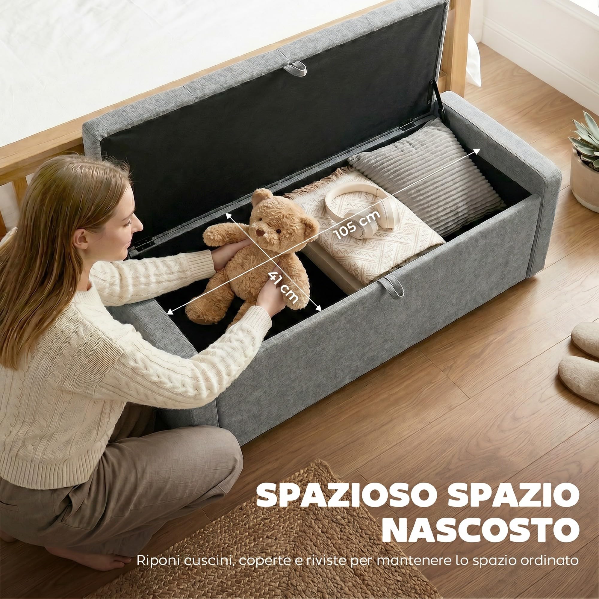 HOMCOM Cassapanca 142L Pouf Contenitore Poggiapiedi Grande 122x48x44cm, Seduta Imbottita 2 Posti, Panca Contenitore Effetto Lino, Struttura in Legno, 200 kg, Camera da Letto, Soggiorno