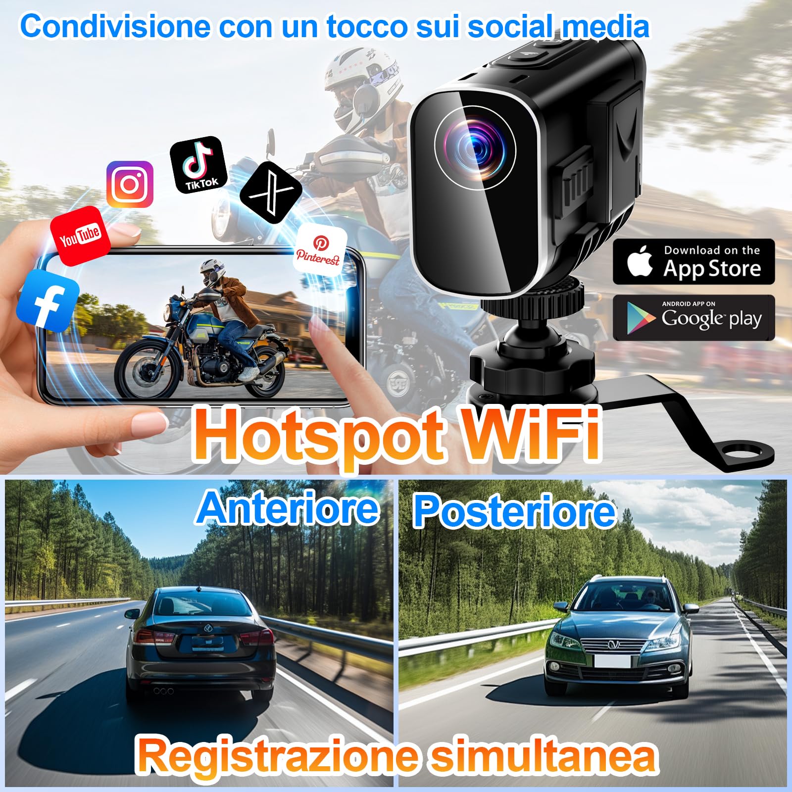 Action Cam 4K WiFi, Stabilizzazione a Doppia Lente Telecamera Moto, Registrazione di 6 Ore Telecamera Casco Moto con Scheda MicroSD da 64 GB