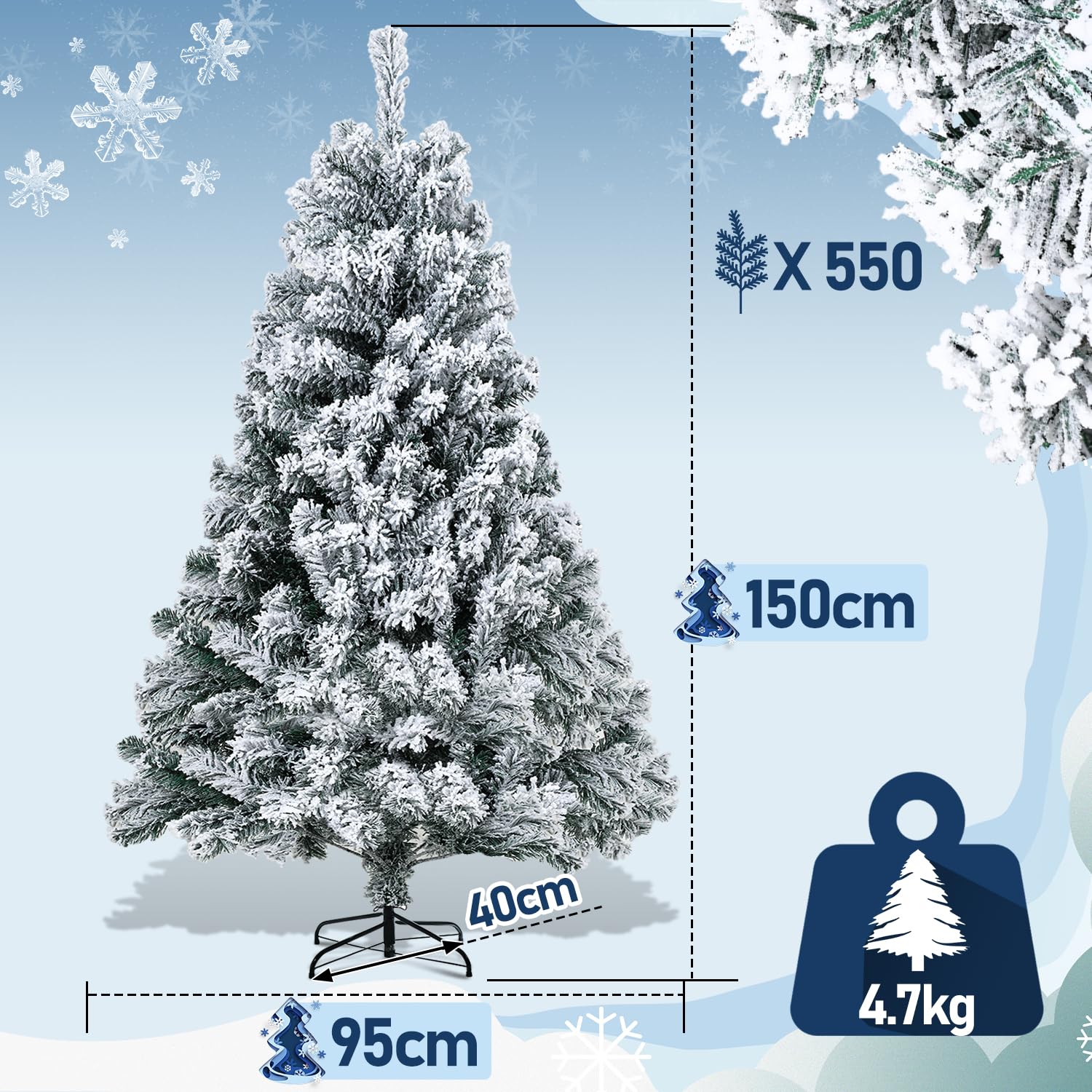 Randaco Sapin de Noël Artificiel en PVC floqué de Neige 150 cm - 550 Pointes avec Support en métal - Difficilement Inflammable - Montage Facile