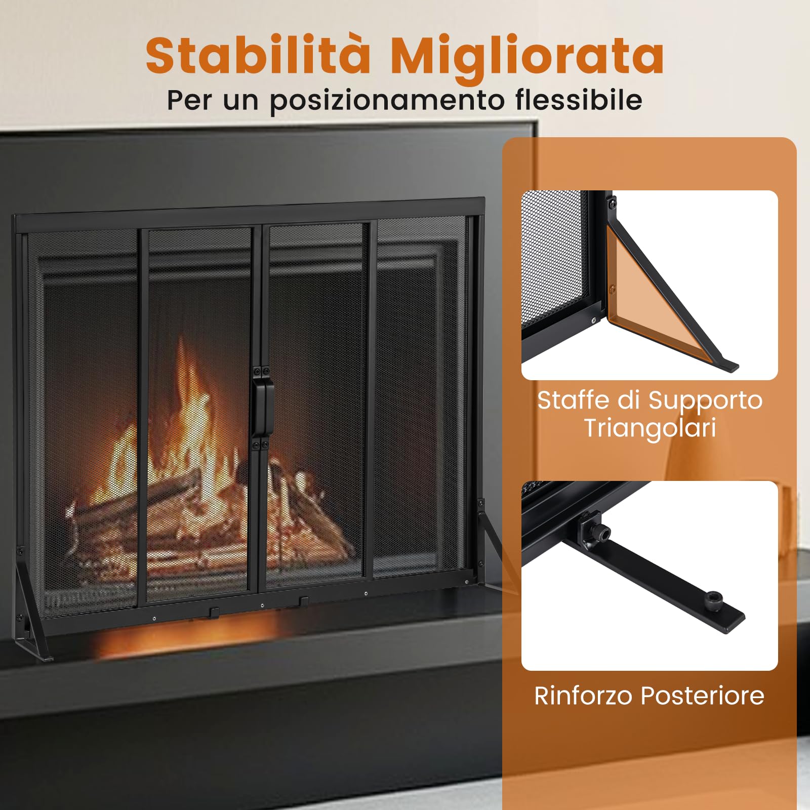 COSTWAY Griglia Parascintille Camino con 2 Pannelli Scorrevoli, Maniglie Convenienti e Telai di Supporto a Triangolo, Ventilazione Eccellente, Schermo per Camino in Rete Metallica (89 x 72 cm)
