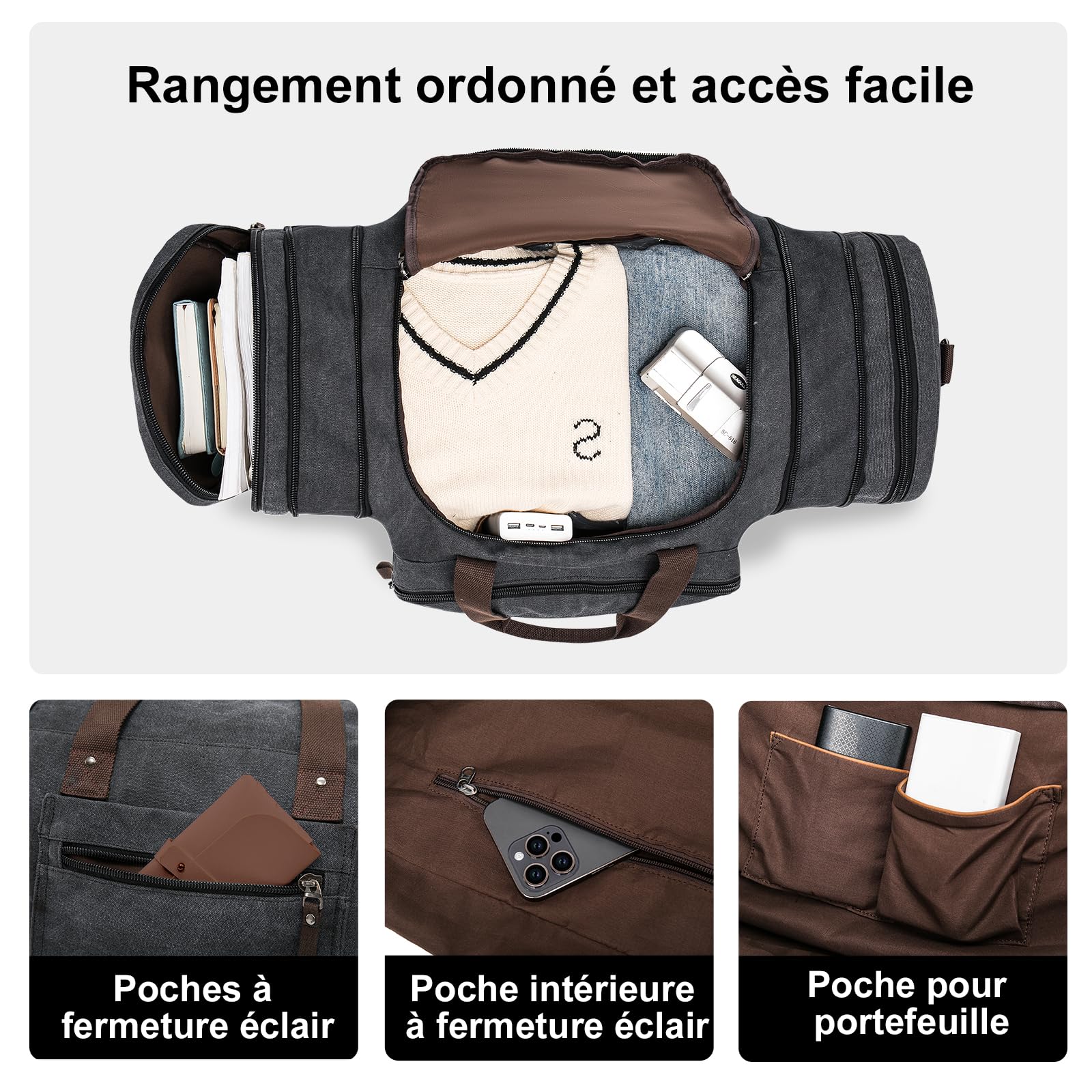EKOROMIER Grand Sac de Voyage en Toile 70L pour Homme – Sac Weekend Extensible – Bagage Grande Capacité pour Vacances, Sport et Longs Séjours