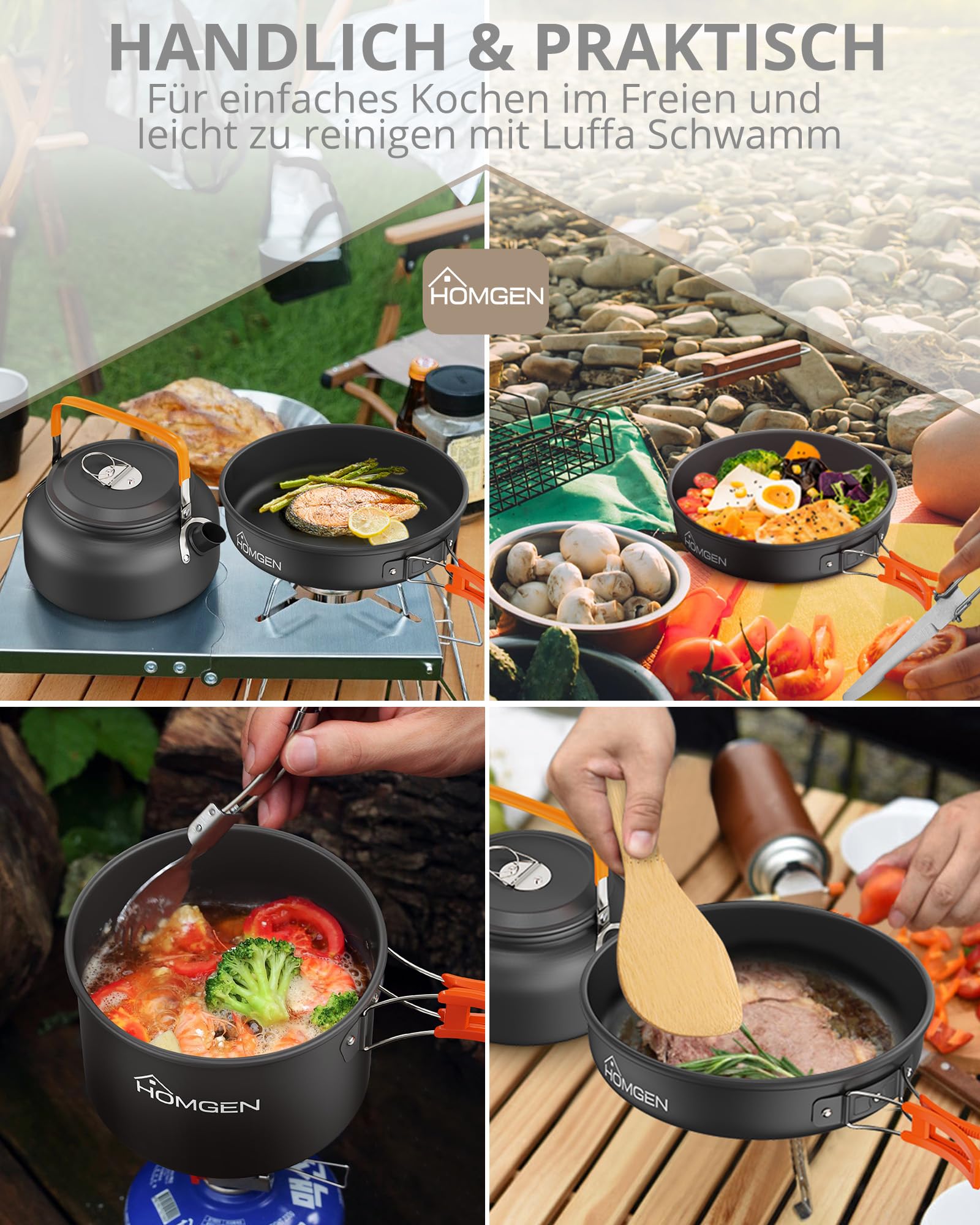 HOMGEN Camping Kochgeschirr Set für 4–5 Personen, Aluminium Camping Topfset mit Töpfe Wasserkessel, Teller, Schalen, Outdoor Kochset für Camping, Wandern, Picknick, Backpacking, Angeln