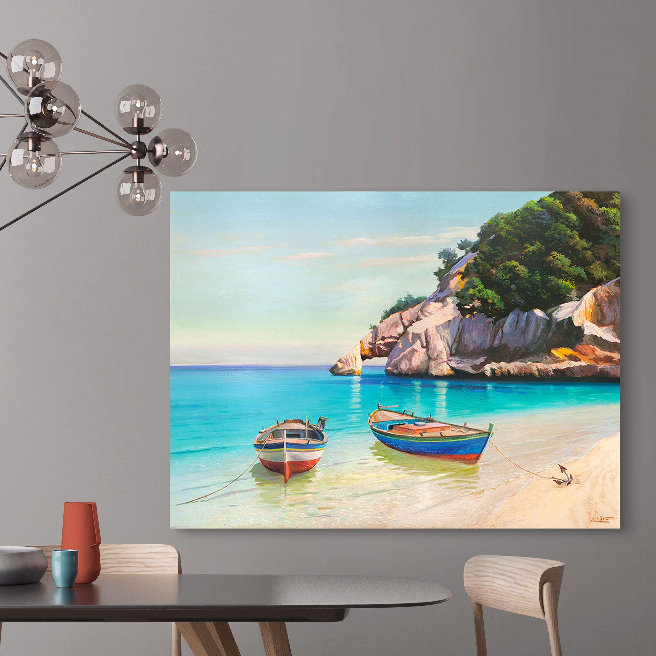 ART PRINT CAFE' Stampa su tela: Barche nella caletta, Sardegna, 100x70 | Quadro mare Adriano galasso