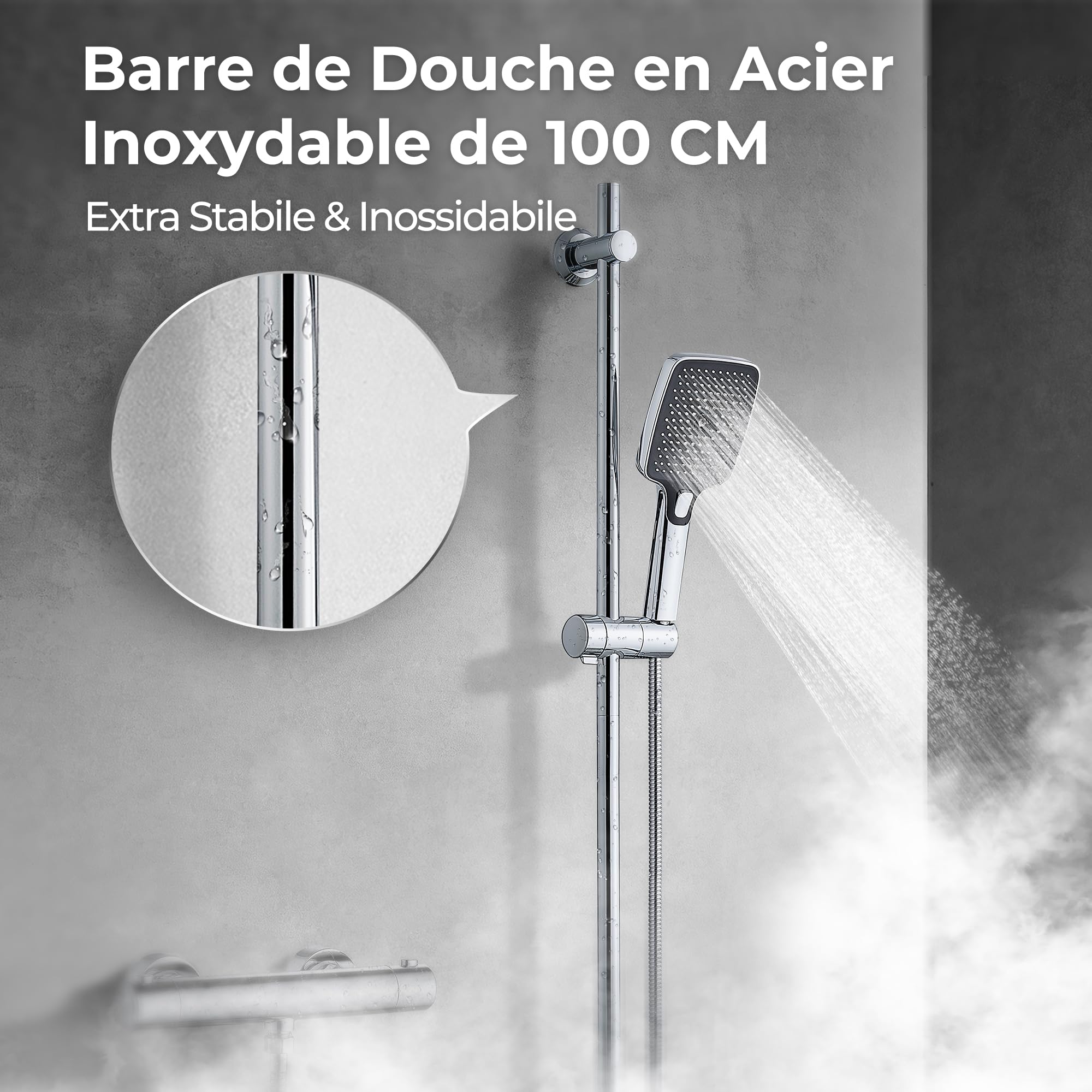 Görbach Barre de douche en acier inoxydable 100 cm avec support de douchette réglable, supports muraux compatibles avec trous de existants, compatible avec douchette à main standard, chromé