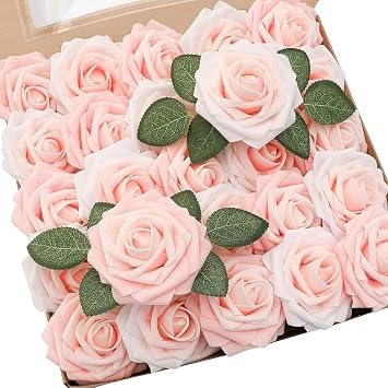 Artificial Flowers Roses with Stems for DIY Wedding Christmas Tree Bouquet Baby Shower Centerpiece Floral Arrangement Party Home Decor Mothers Day Decorations Pink-White, 50