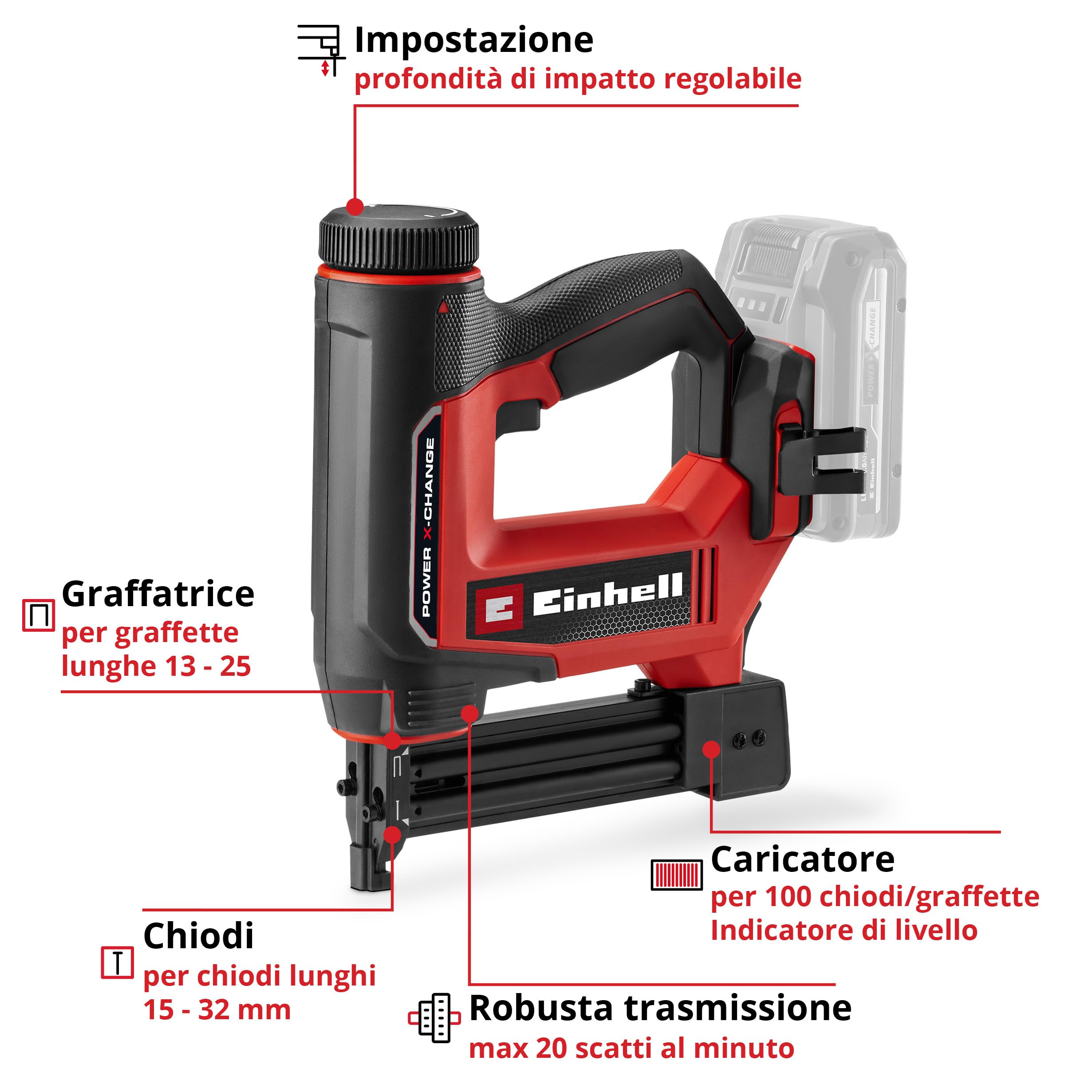 Einhell Chiodatrice/graffatrice a batteria TE-CN 18/32 Li - Solo Power X-Change (18 V, 20 colpi/min, morsetti max. 25 mm, chiodi max. 32 mm, con 300 morsetti e chiodi ciascuno, senza batteria)
