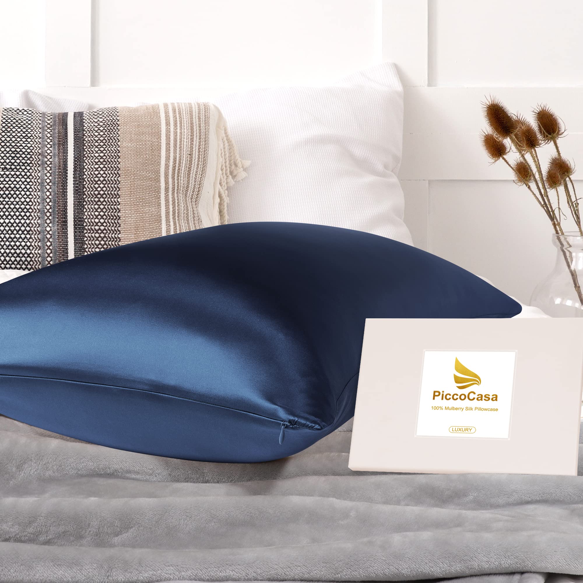 PiccoCasa - Funda de almohada de seda pura 100% natural para cabello y piel, ambos lados de 400 hilos, 19 momme de seda con cremallera oculta, 1 paquete, azul marino, tamaño Queen 50 x 76 cm