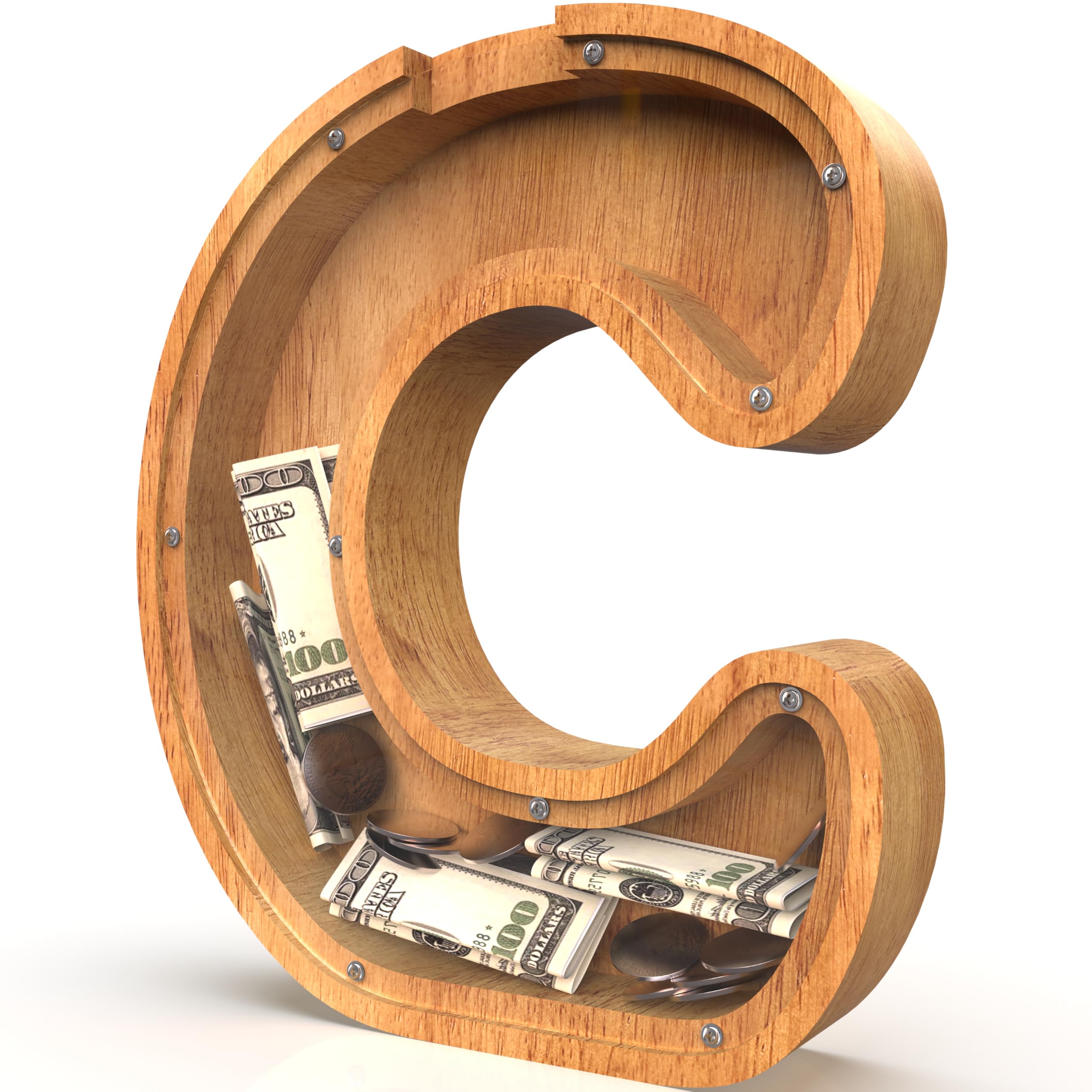 Piggy Bank for Kids Boys Girls, Large Personalized Wooden Letter Piggy Bank with Cut-Out Design, Alphabet Letter Coin Banks, Money Savings Box, Wooden Bank for Kids Creative Gift for Real-Money(C)