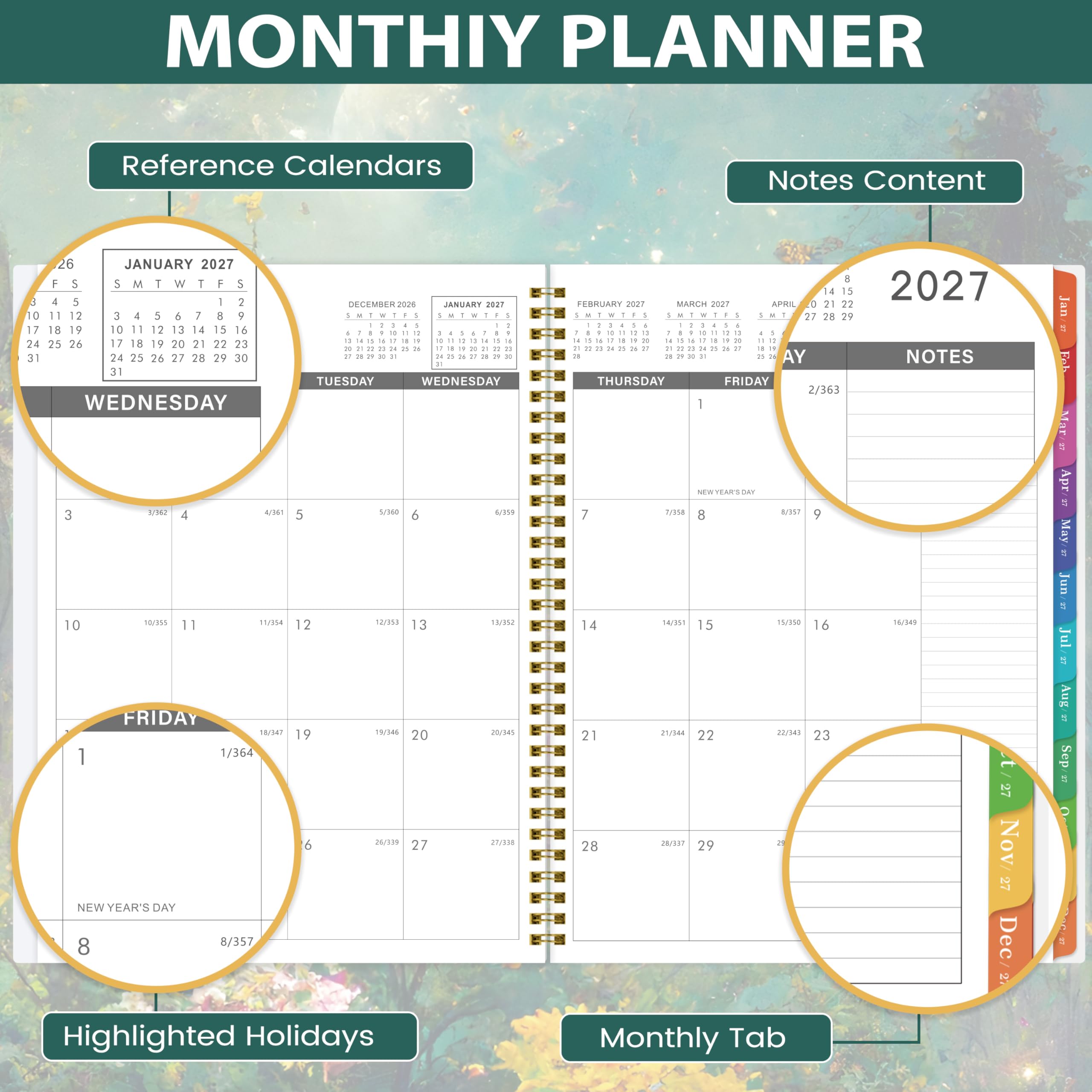 Monatsplaner 2027 - Planer 2027 - JAN 2027 - DEC 2027, Monatsplaner 2027, 22,9 x 27,9 cm, Kalender Planer mit Tabs, Tasche, perfekter Monatskalender für Büro, Schule, Heimgebrauch - Grün