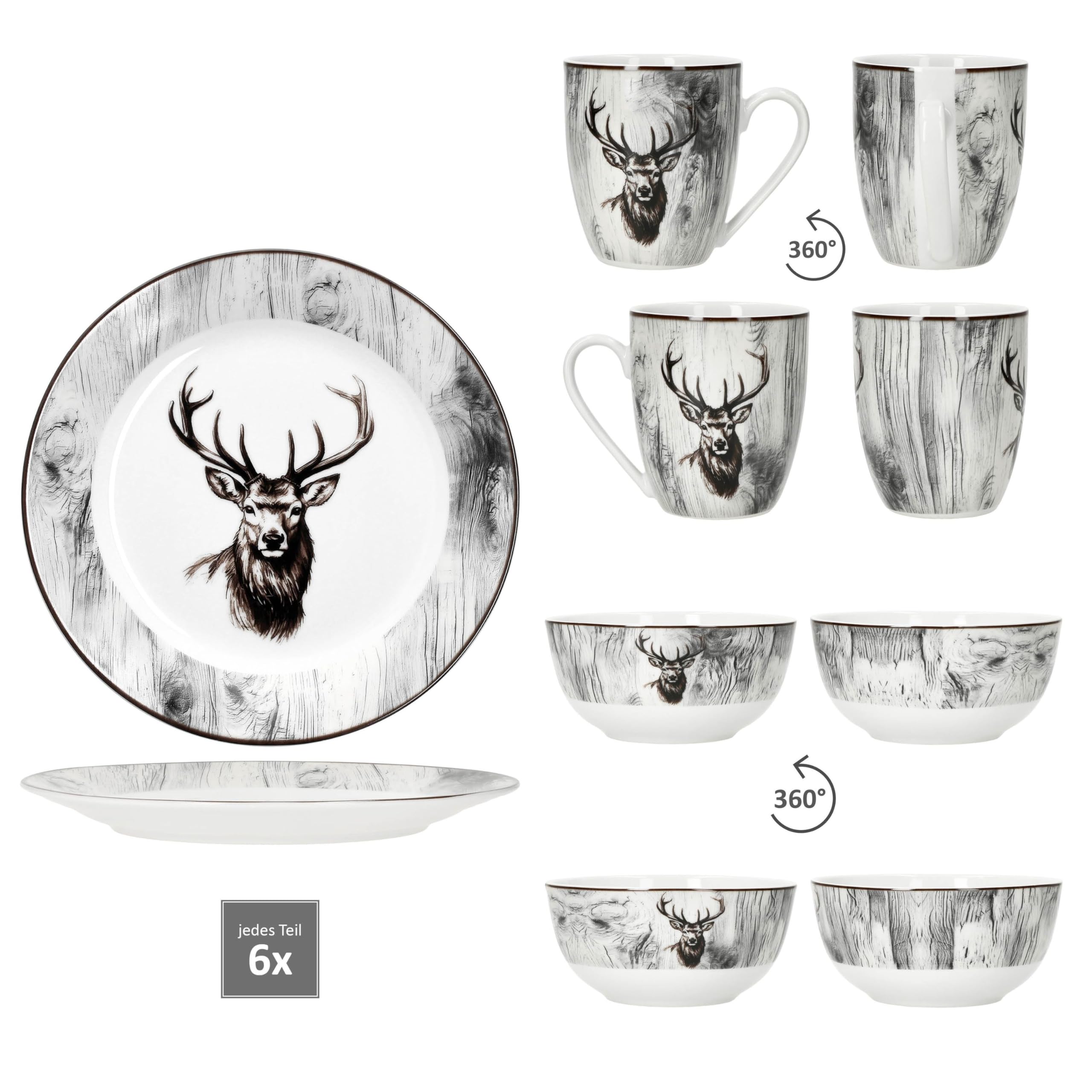MamboCat Alois 18tlg Frühstücksset I je 6x Frühstücksteller, Müslischalen & Kaffeebecher aus Porzellan I 6 Personen I Holz-Optik & Hirschmotiv in Schwarz-Weiß I für Frühstück & Kaffee
