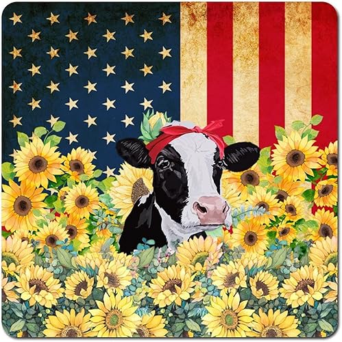USA Flags Metal Signs Sunflower Cow Farm Animals Street Sign Patriotic Nostalgia Oil Painting 12 Inch Retro Street Sign Independence Day 4th July