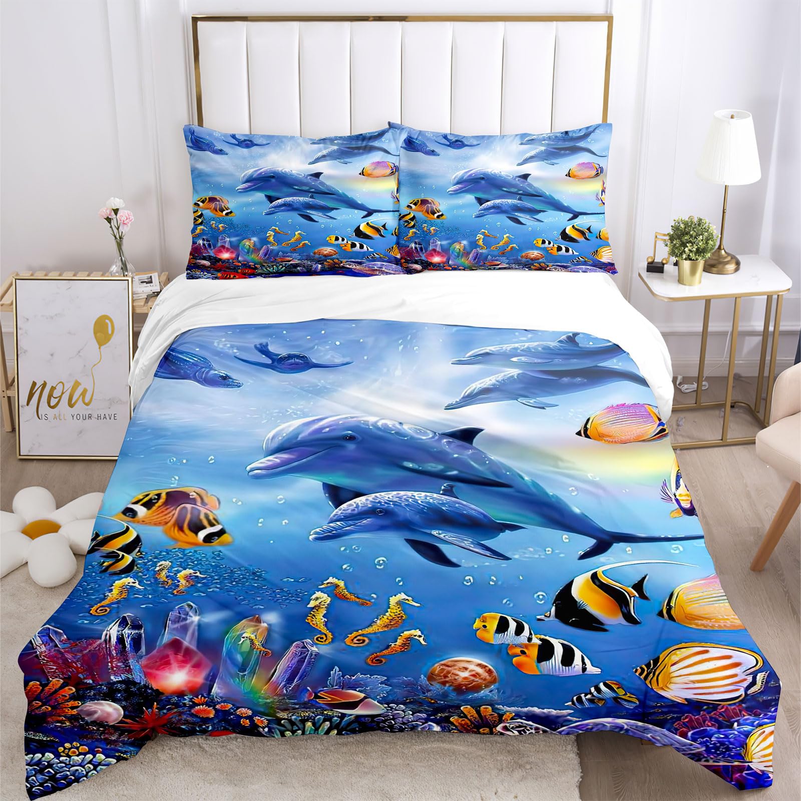 Copripiumino tartaruga 135x200,Set di biancheria da letto con animali marini 3D,con motivo a delfino, pesce tropicale, corallo, per adulti e bambini (Mondo Sottomarino B, 200 x 200 cm)