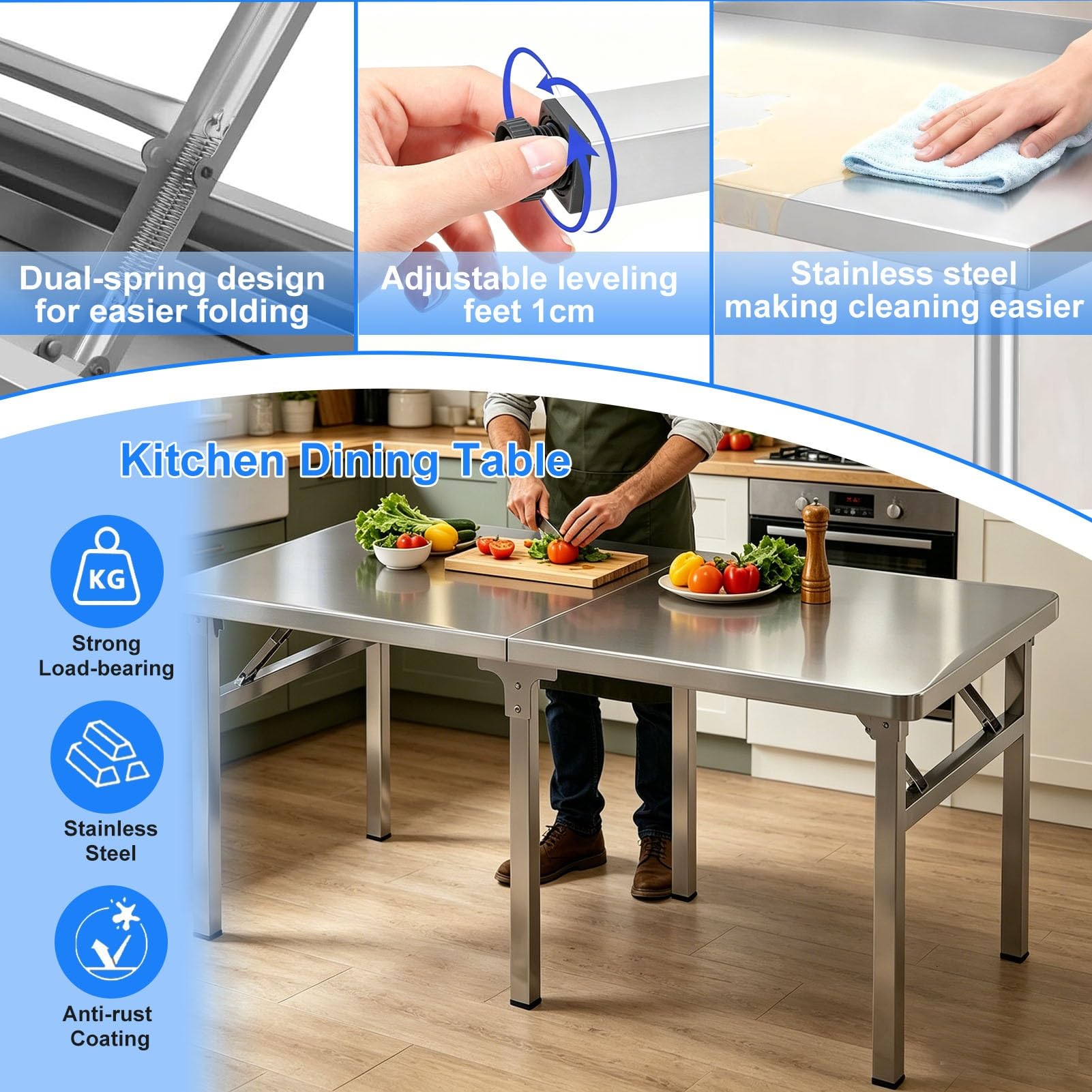 Tavolo Multiuso Pieghevole, Tavolo da Campeggio, Tavolo Portatile per Cucinare all'aperto, banco da Lavoro in Acciaio Inox per la Preparazione di Alimenti, Ideale per Auto, Campeggio, Picnic