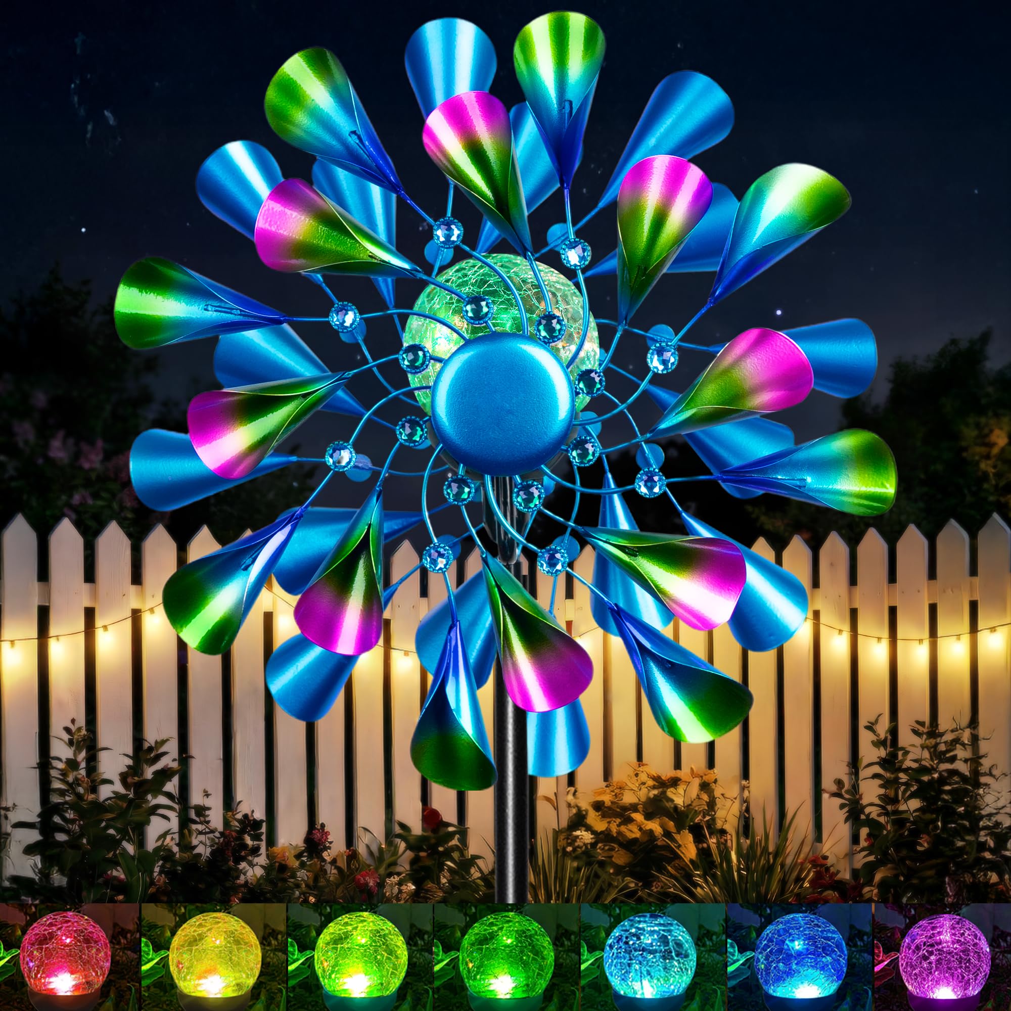 Solar Wind Spinner Outdoor Metal - Peacock Kinetic Garden Sculptures with Color-Changing LED Lights, Waterproof Wind Catchers Yard Art Decor for Patio Lawn, for Women (Green)