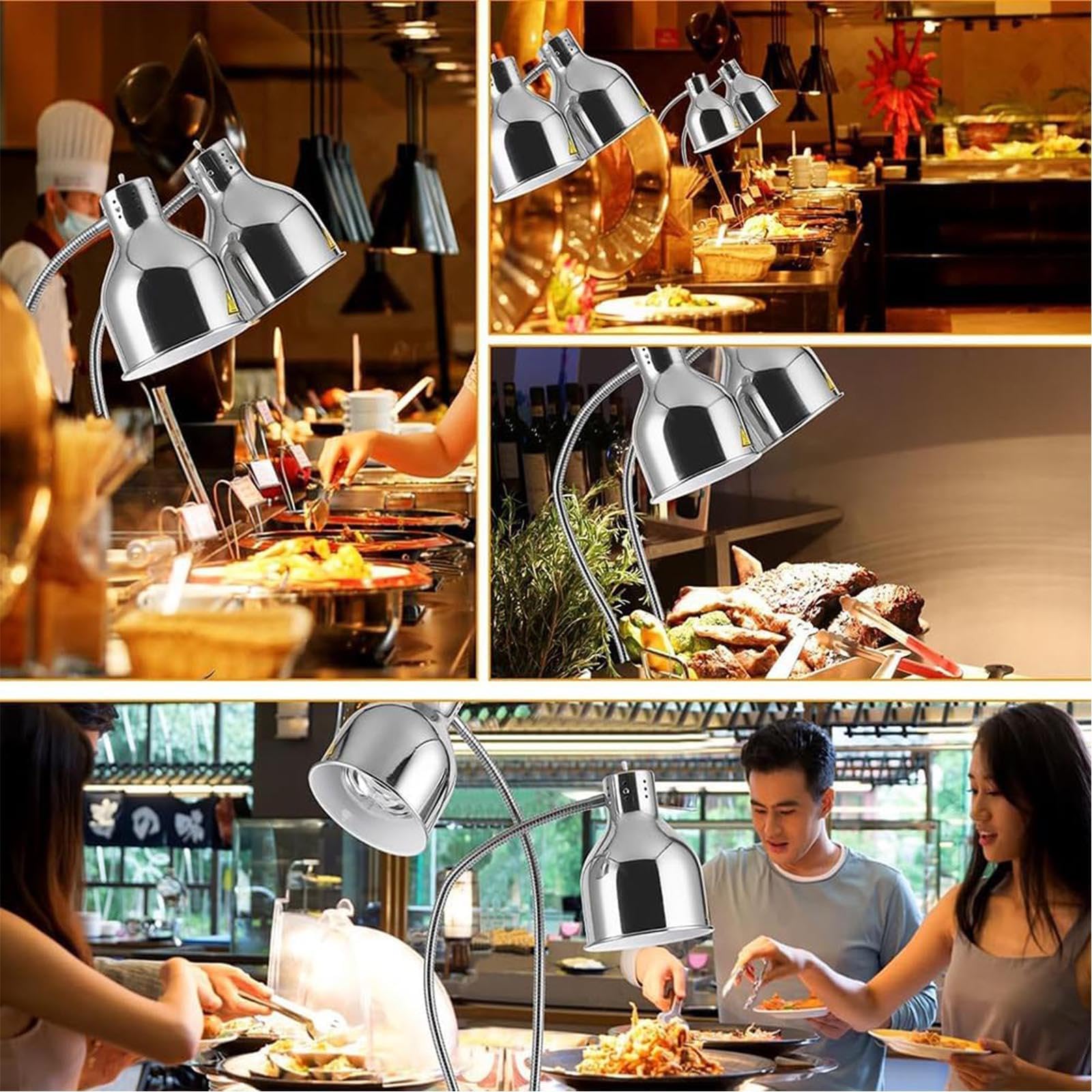 Lámpara Independiente para Calentar Alimentos Lámpara para Calentar Alimentos de Buffet de 2 * 250 W, Cabezal Ajustable de 360 ​​​​° para Restaurante de Cocina Buffet,Copper