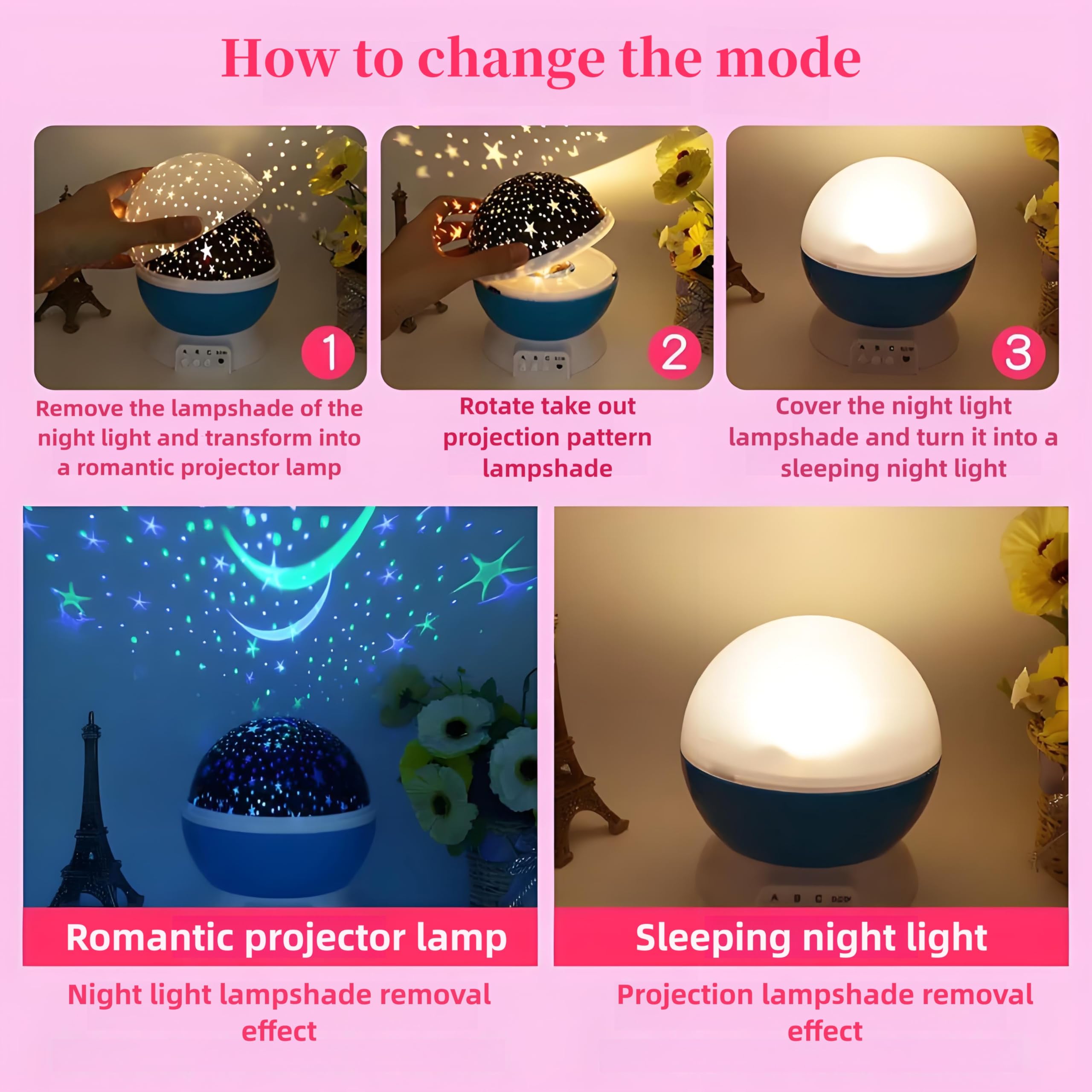 Projecteur de veilleuse, projecteur d'étoiles rotatif, lampe table lumineuse à LED, lumière rotative couleur for fêtes d'enfants et jouets for enfants (bleu)(2 Pack of Pink)