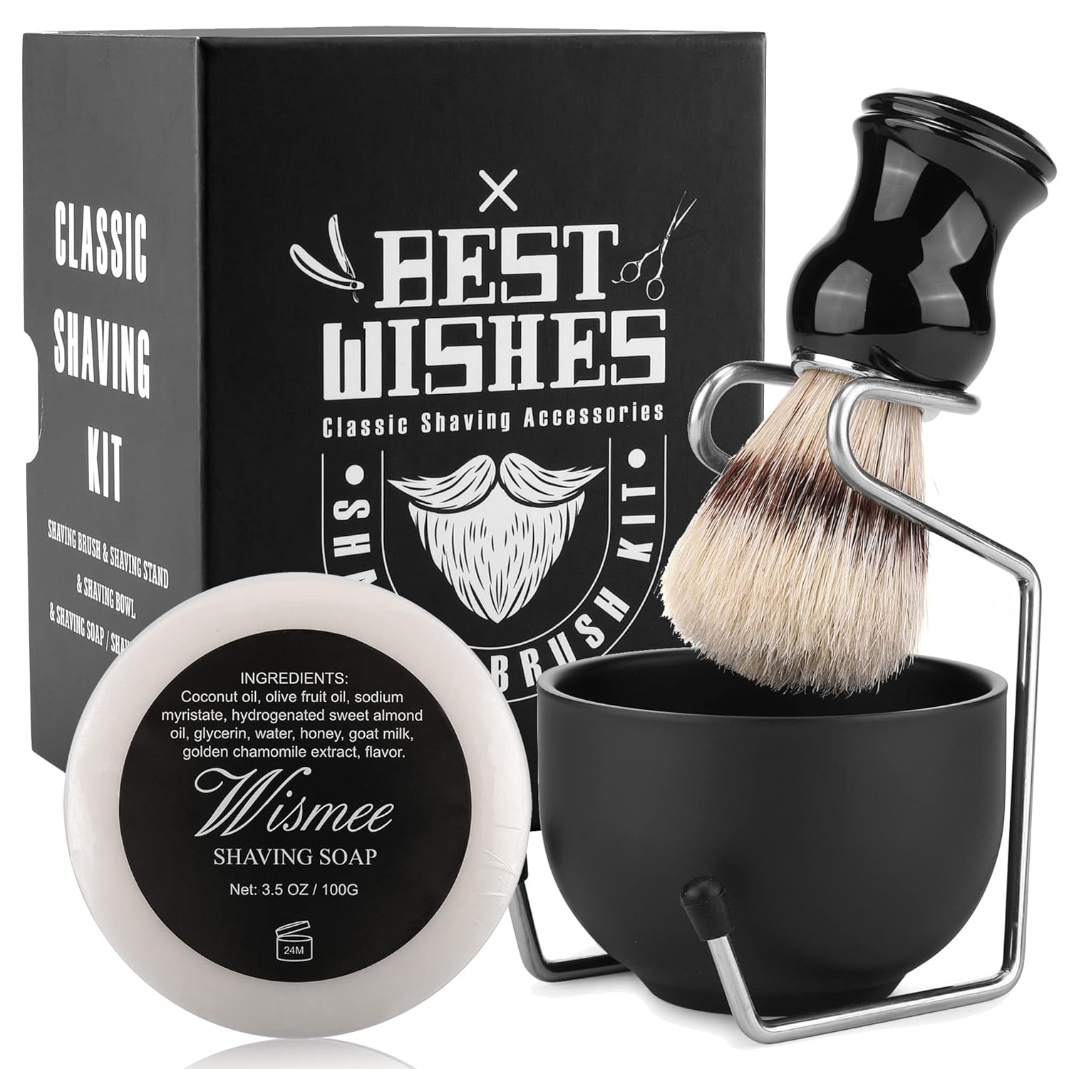 Wismee Men's Shaving Brush Set Boar Bristle Hair Shaving Brush, Stainless Steel