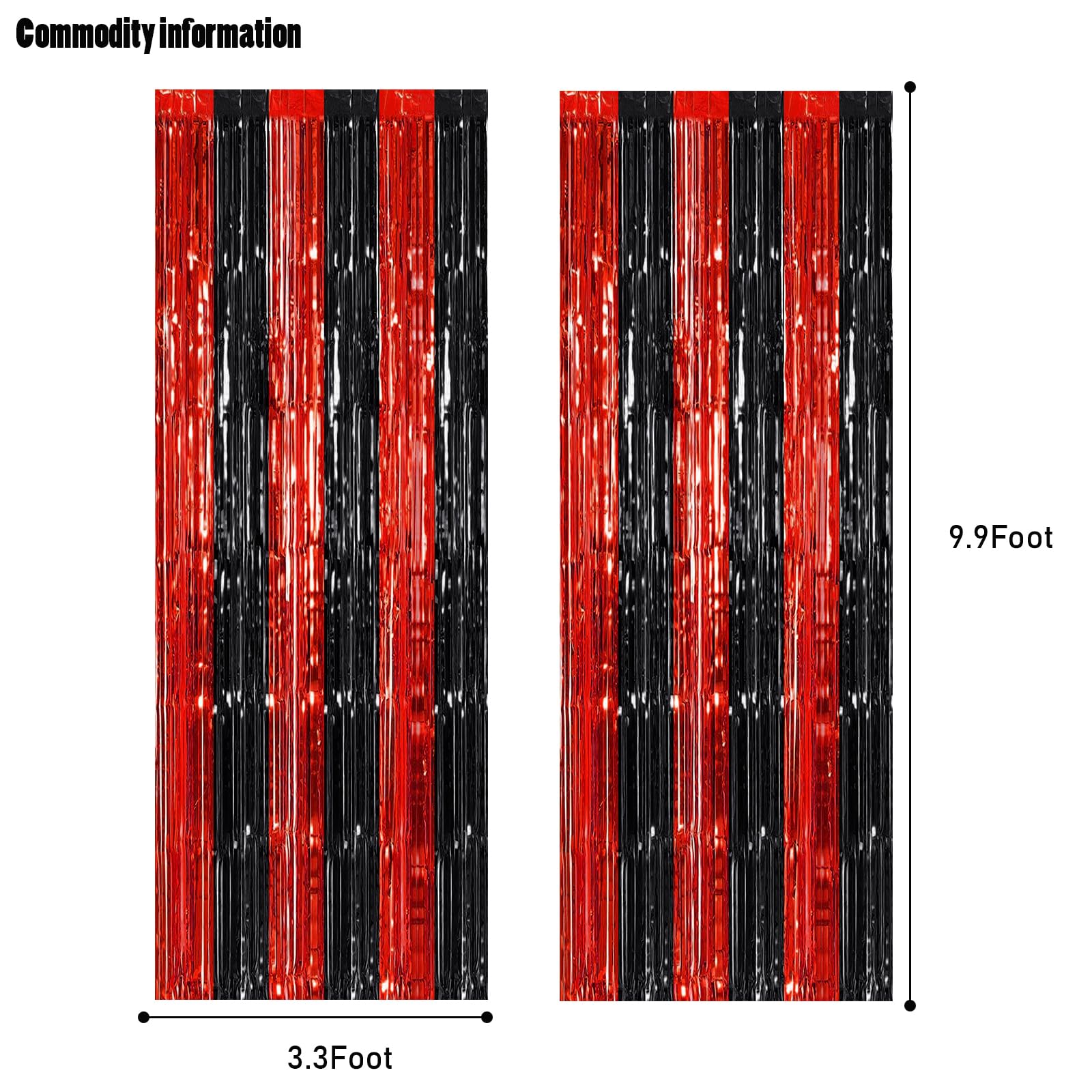 CANREVEL Paquete de 2 cortinas de fondo de flecos de aluminio negro y rojo de 3.3 x 8.2 pies, decoración de fiesta de cumpleaños, telón de fondo de flecos para graduación, pelota de tenis, fiesta