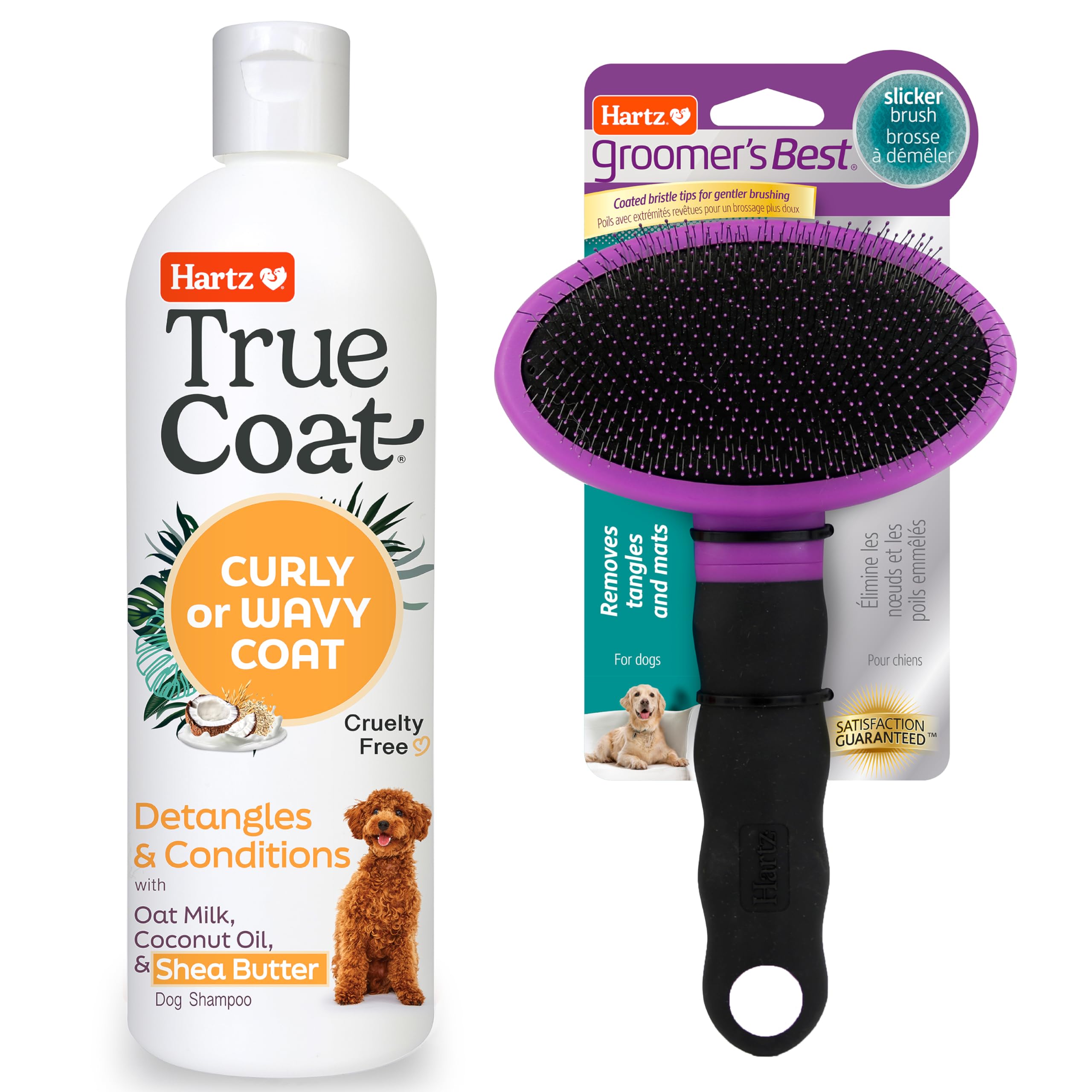 Hartz Grooming Supplies Bundle with True Coat Curly or Wavy Coat Dog Shampoo and Groomer's Best Slicker Dog Brush