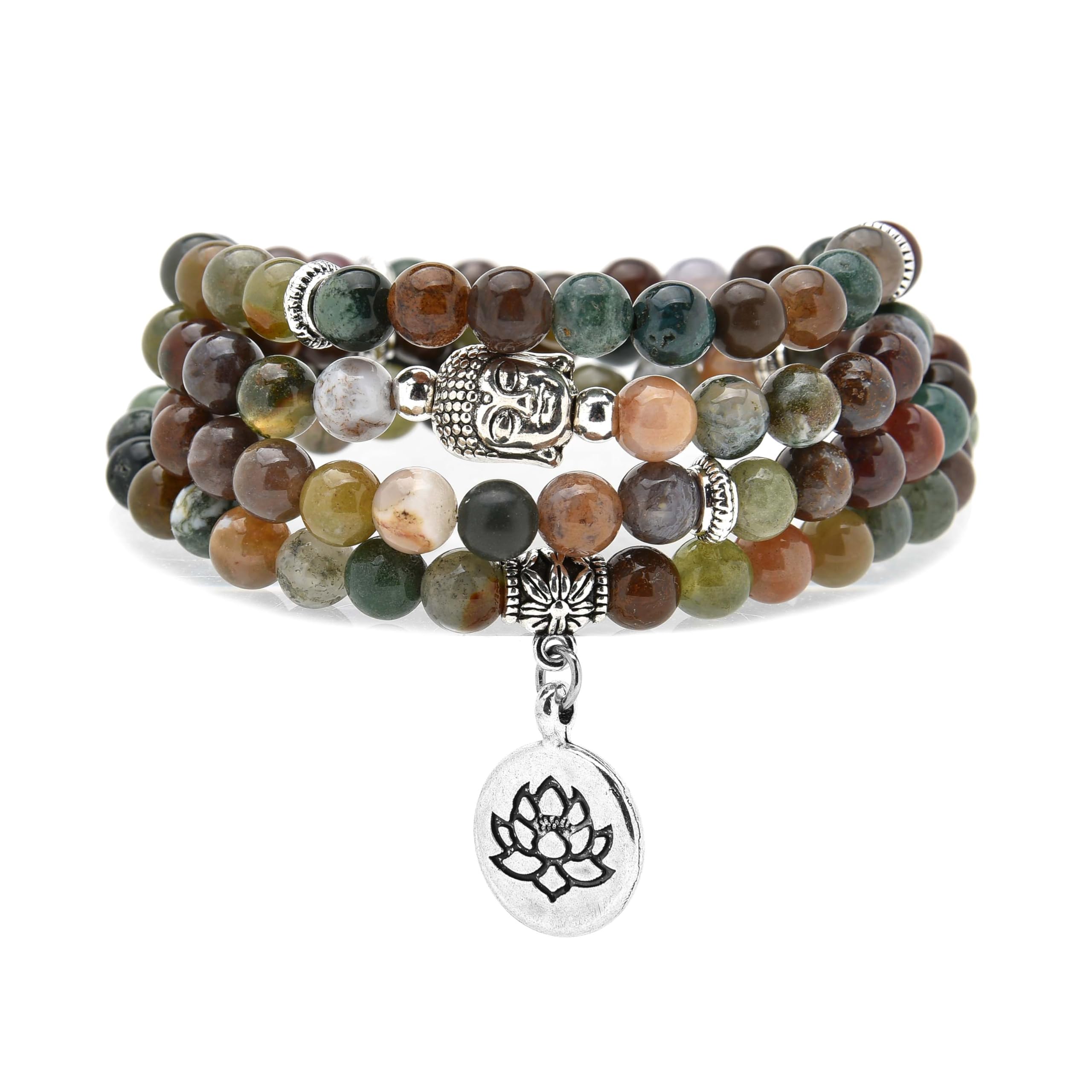 Bracelet Ou Collier Mala 108 Perles De Méditation - Pierre Labradorite Grise Avec Pendentif Noeud Celtique