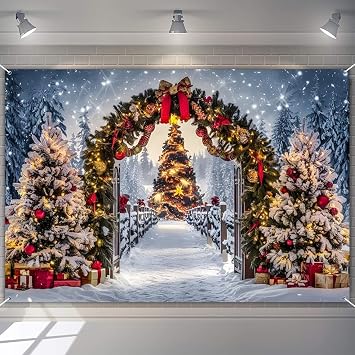Winter Forest Christmas Backdrop Banner 18x7ft Fabric Glitter Xmas Tree Backdrops for Photography Wall Decor Background Merry Christmas Holiday Party Decor Banner Photo Props