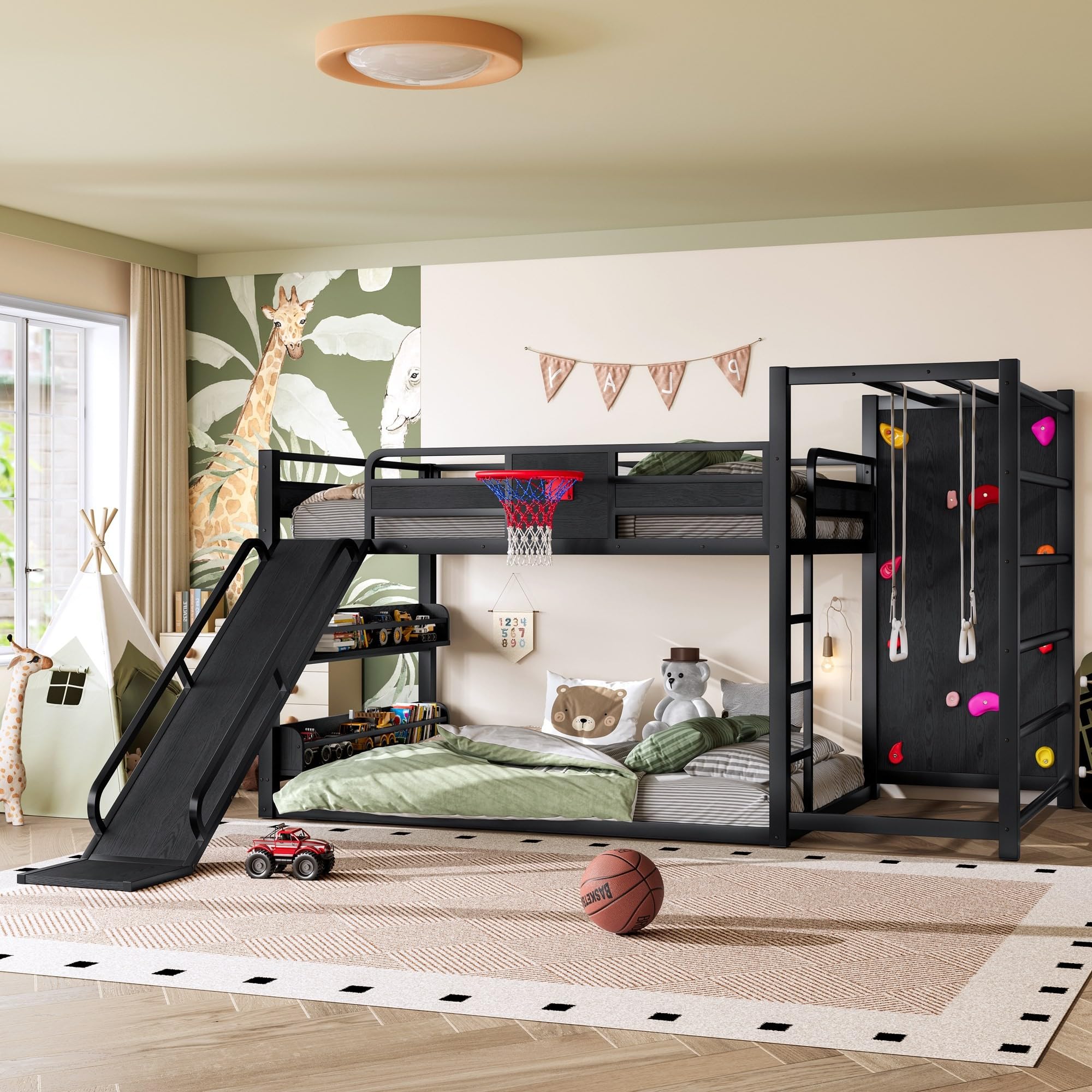 Harper & Bright Designs Stairway Bunk Bed Full Over Full with Slide and Bookshelves, Heavy Duty Metal Bunk Bed with Basketball Hoop and Climbing Wall