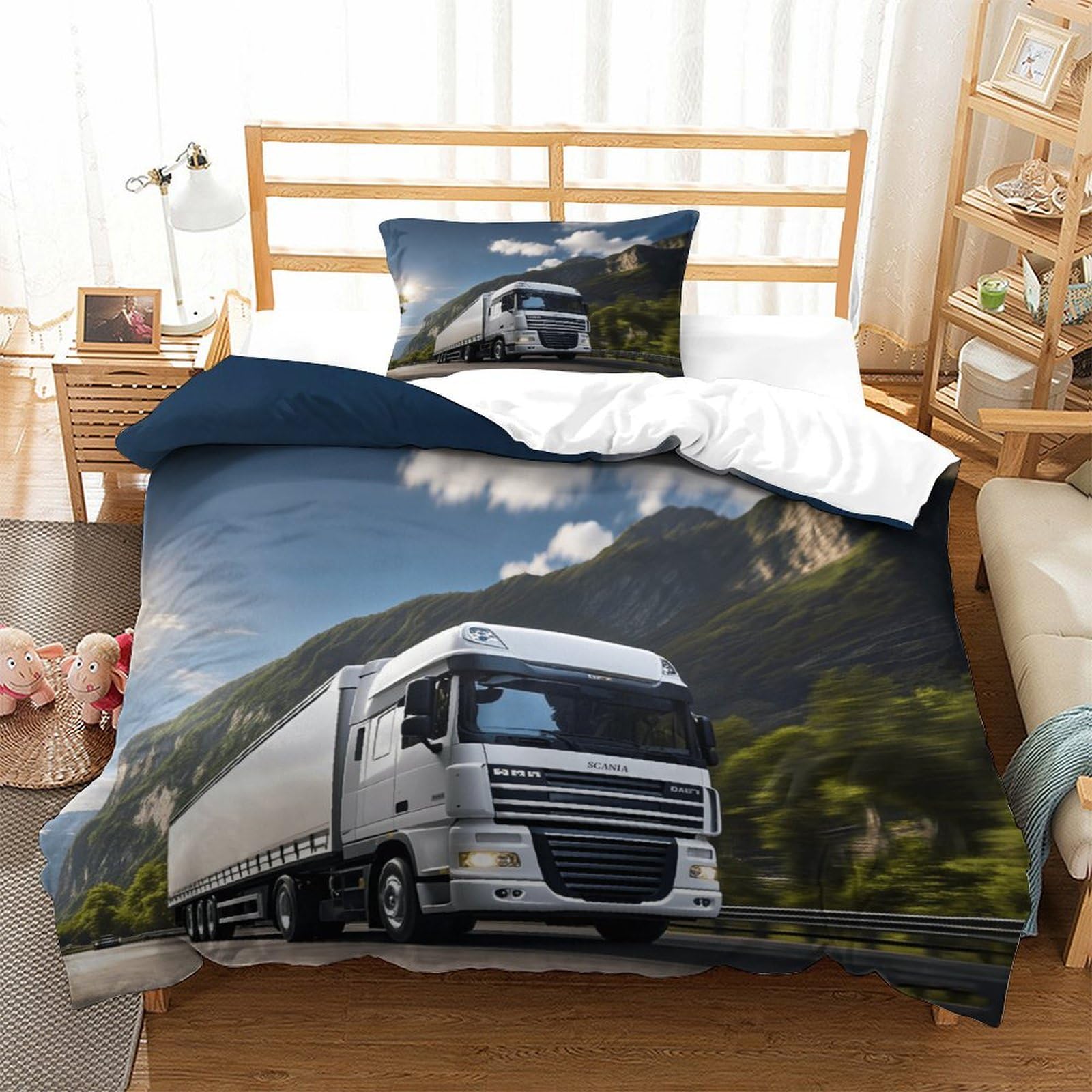 XiaopangXY Lorry Colorful Duvet Cover Set Hidden Zipper Truck Quilt Cover Set with Pillowcases Bedding Set Soft Microfiber Comforter Cover for Kids Adults Single（135x200cm）