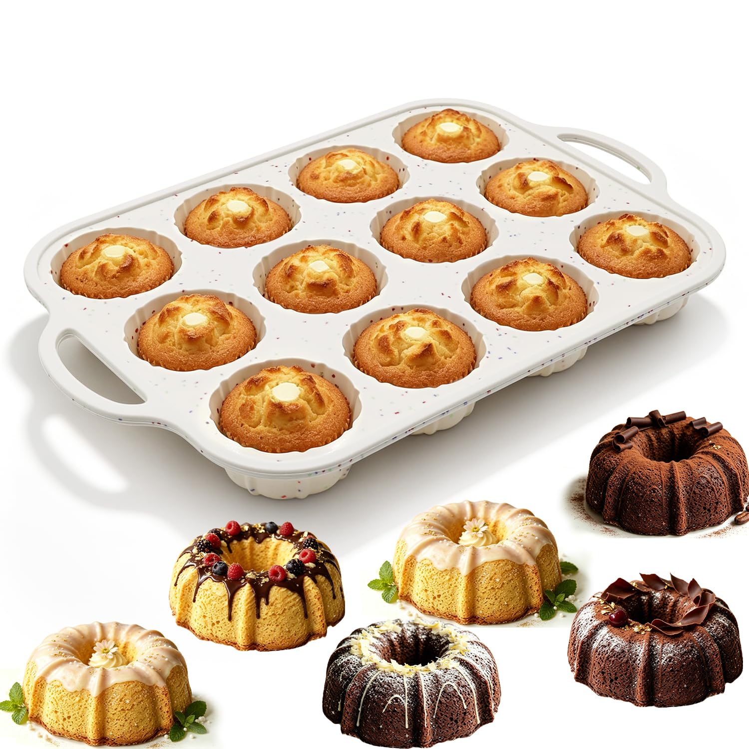 Yumatch Mini Fluted Cake Tin, Silicone Mini Ring Cake Mould, Fluted Tube Cake Pan, Silicone Baking Tray for Cupcake, Brownie, Donuts, Cornbread, Jello
