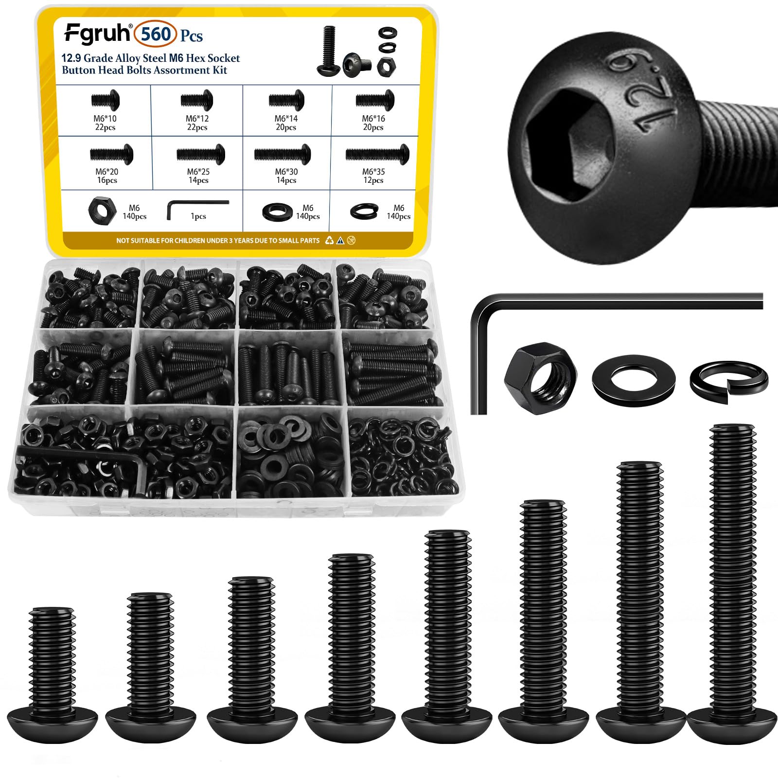 Fgruh 560PCS M6 Hex Socket Button Head Bolt Assortment Kit, M6-1.0x10/12/14/16/20/25/30/35 mm Button Head Cap Bolts Nuts Washers Screws Assorted Set,