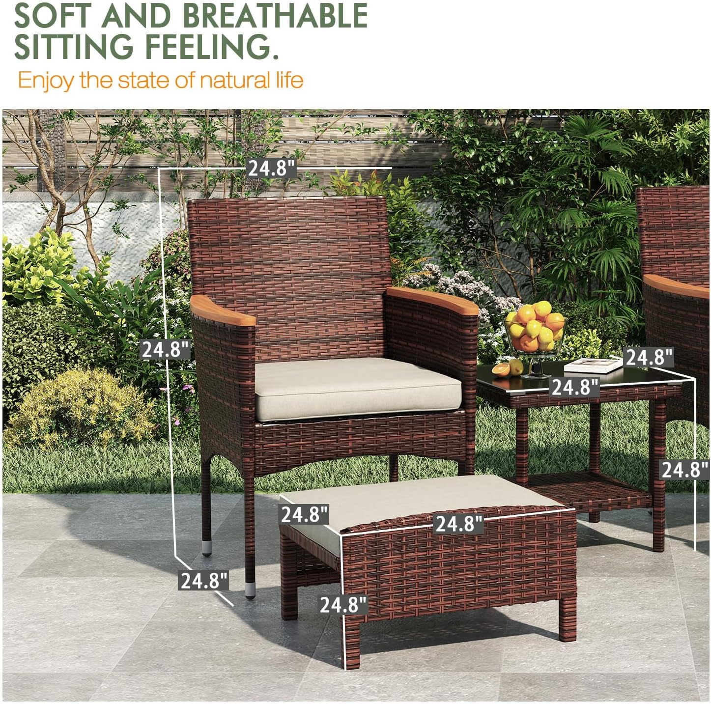 5 PCS Outdoor Patio Furniture Set with Table&Ottoman Outdoor Furniture Patio Set Bistro Wicker Patio Set (Brown Wicker&Khaki Cushion, 5PC - 2 Chair + 2 Ottoman + 1 Table)