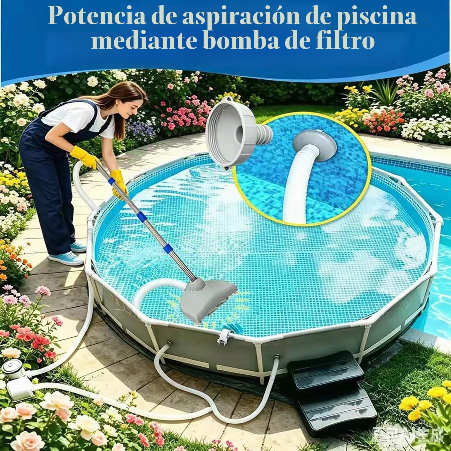 Limpiafondos Piscina Manual con Mango TelescóPico De 2,3 M, Cepillo Aspirador con Manguera RetráCtil De 3,5 M, Cepillo De Limpieza para Piscinas, Jacuzzis, BañEras Y Spas