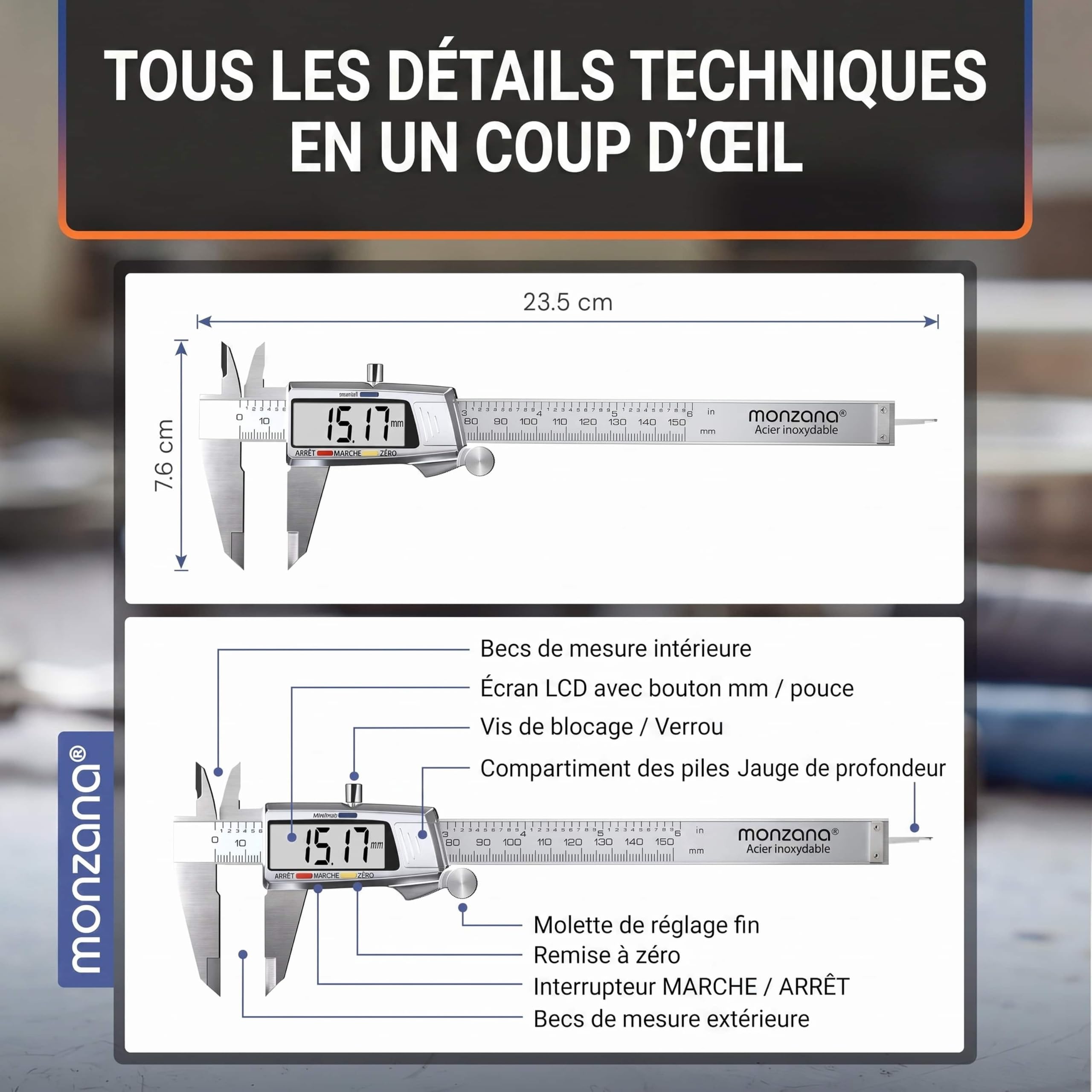 MONZANA® Pied à coulisse numérique acier inoxydable 150mm écran LCD digital boîte de rangement calibre a coulisse instrument de mesure