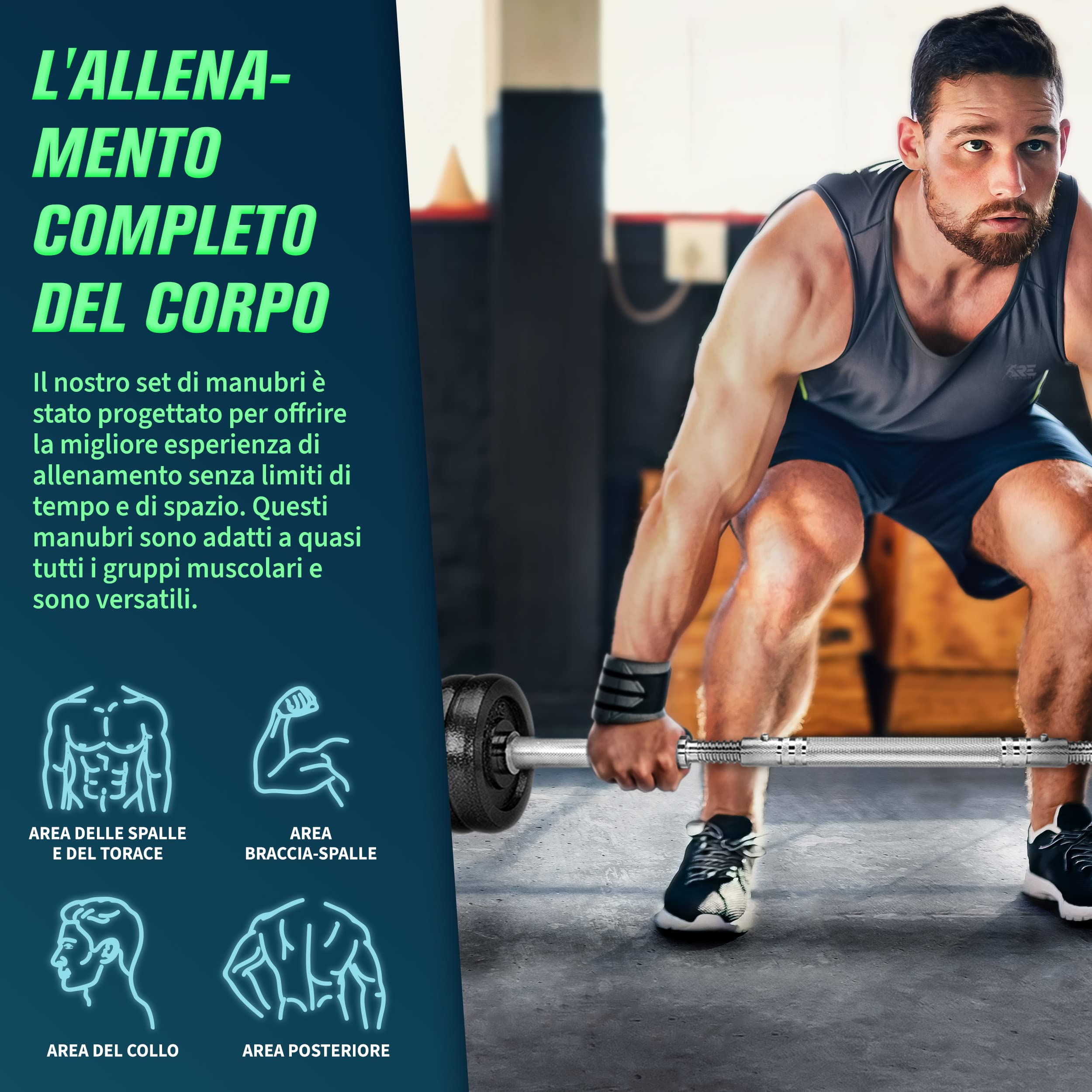 RE:SPORT 2 in 1 Set di manubri 15-30 kg | Set di manubri in ghisa regolabili | Manubri e bilancieri | Ganci a stella e tubo di collegamento